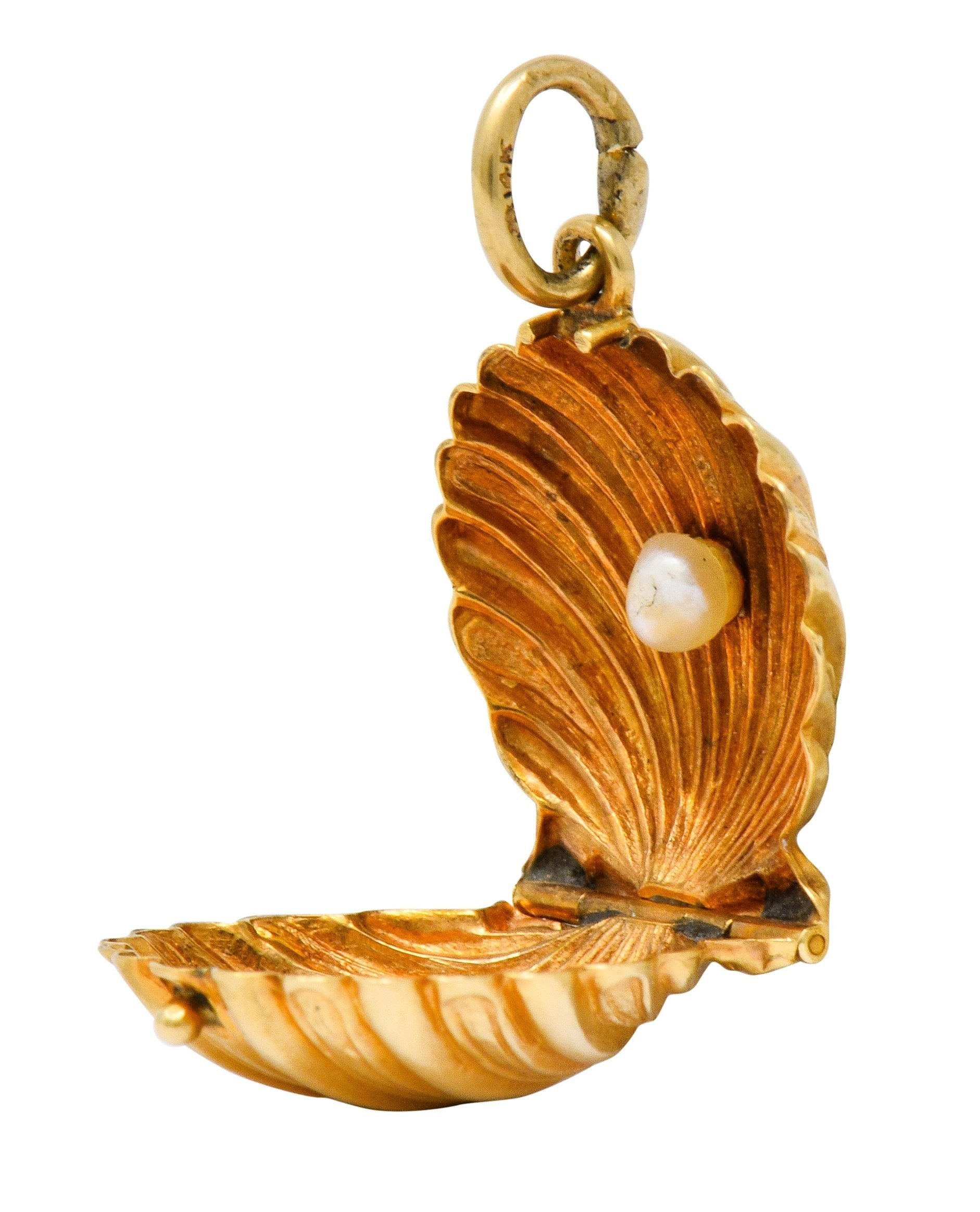 Art Nouveau Natural Freshwater Pearl 14 Karat Gold Clam Shell Locket Charm - Wilson's Estate Jewelry