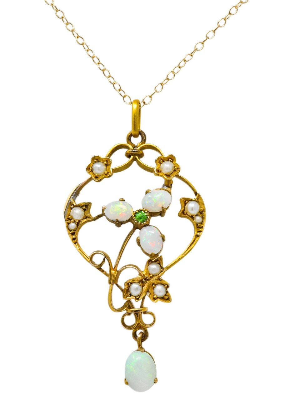 Art Nouveau Opal Demantoid Garnet Seed Pearl 14 Karat Gold Pendant Necklace - Wilson's Estate Jewelry