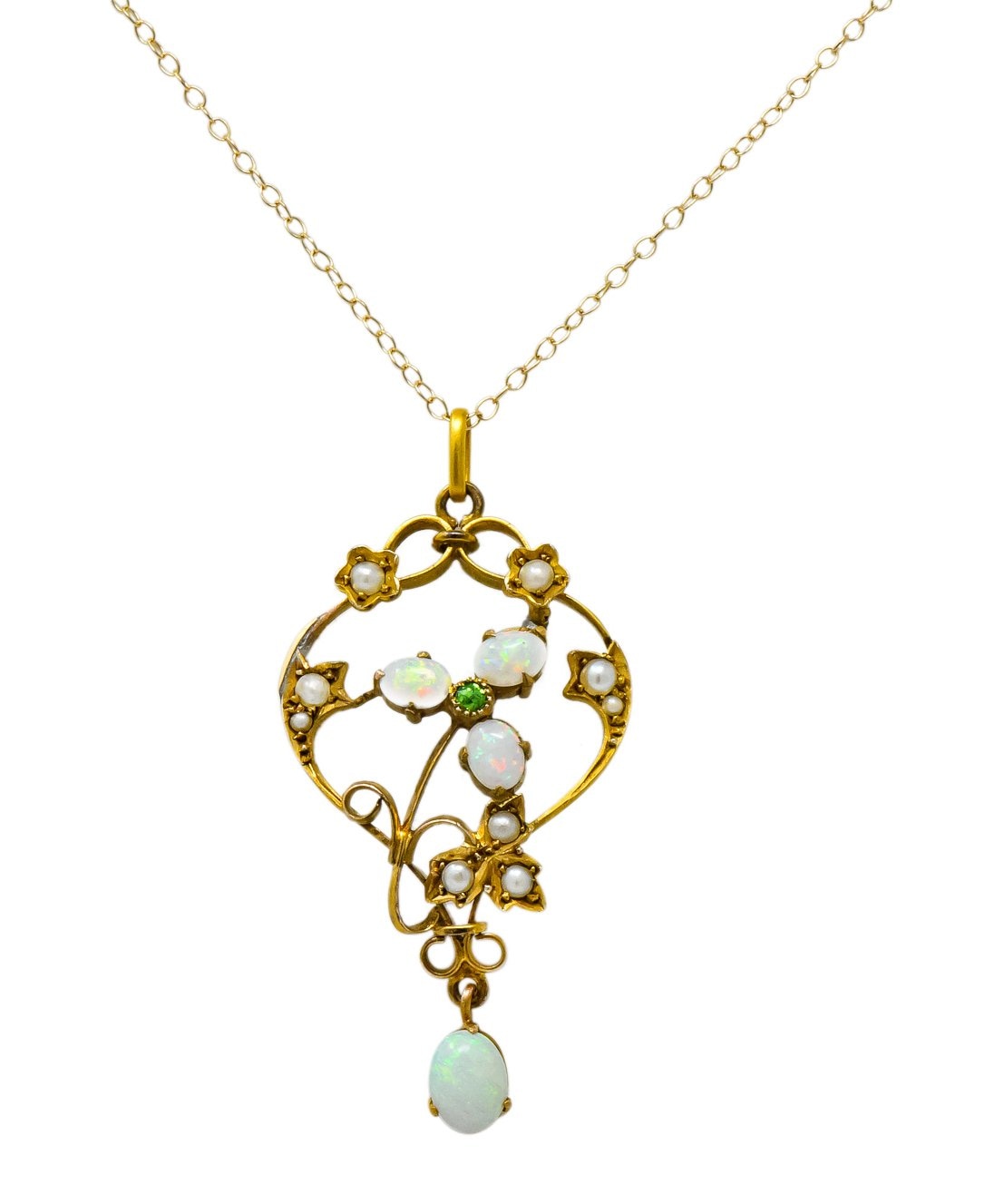 Art Nouveau Opal Demantoid Garnet Seed Pearl 14 Karat Gold Pendant Necklace - Wilson's Estate Jewelry