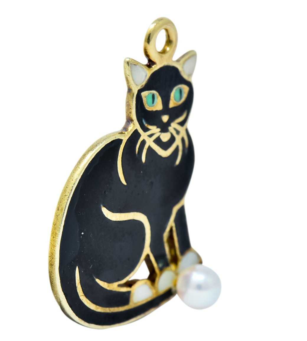 Art Nouveau Pearl Enamel 14 Karat Gold Cat Charm - Wilson's Estate Jewelry