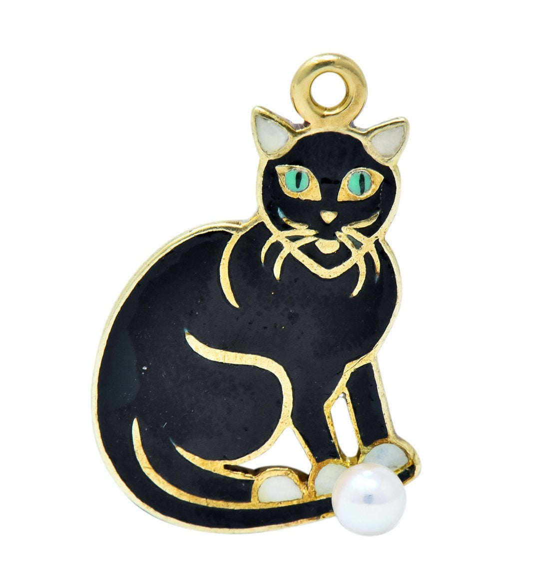 Art Nouveau Pearl Enamel 14 Karat Gold Cat Charm - Wilson's Estate Jewelry