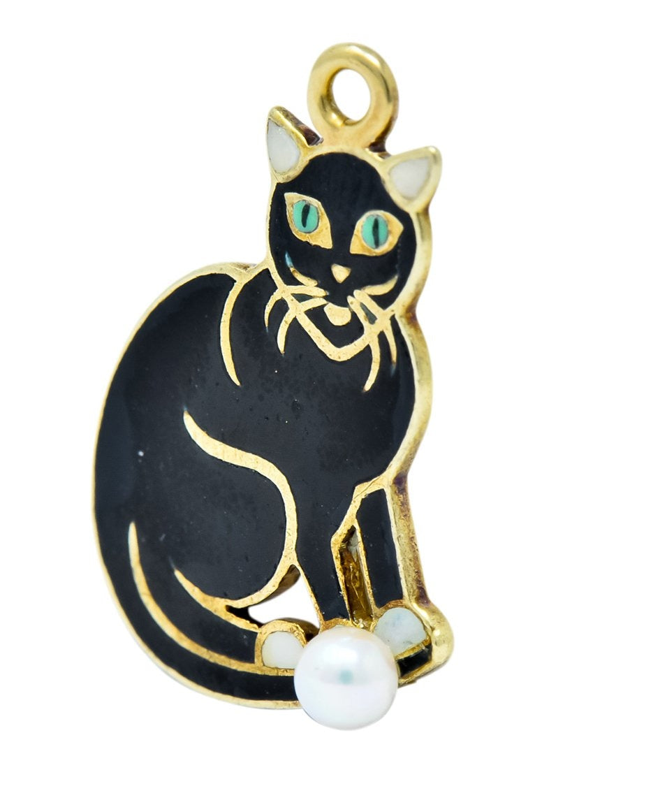 Art Nouveau Pearl Enamel 14 Karat Gold Cat Charm - Wilson's Estate Jewelry