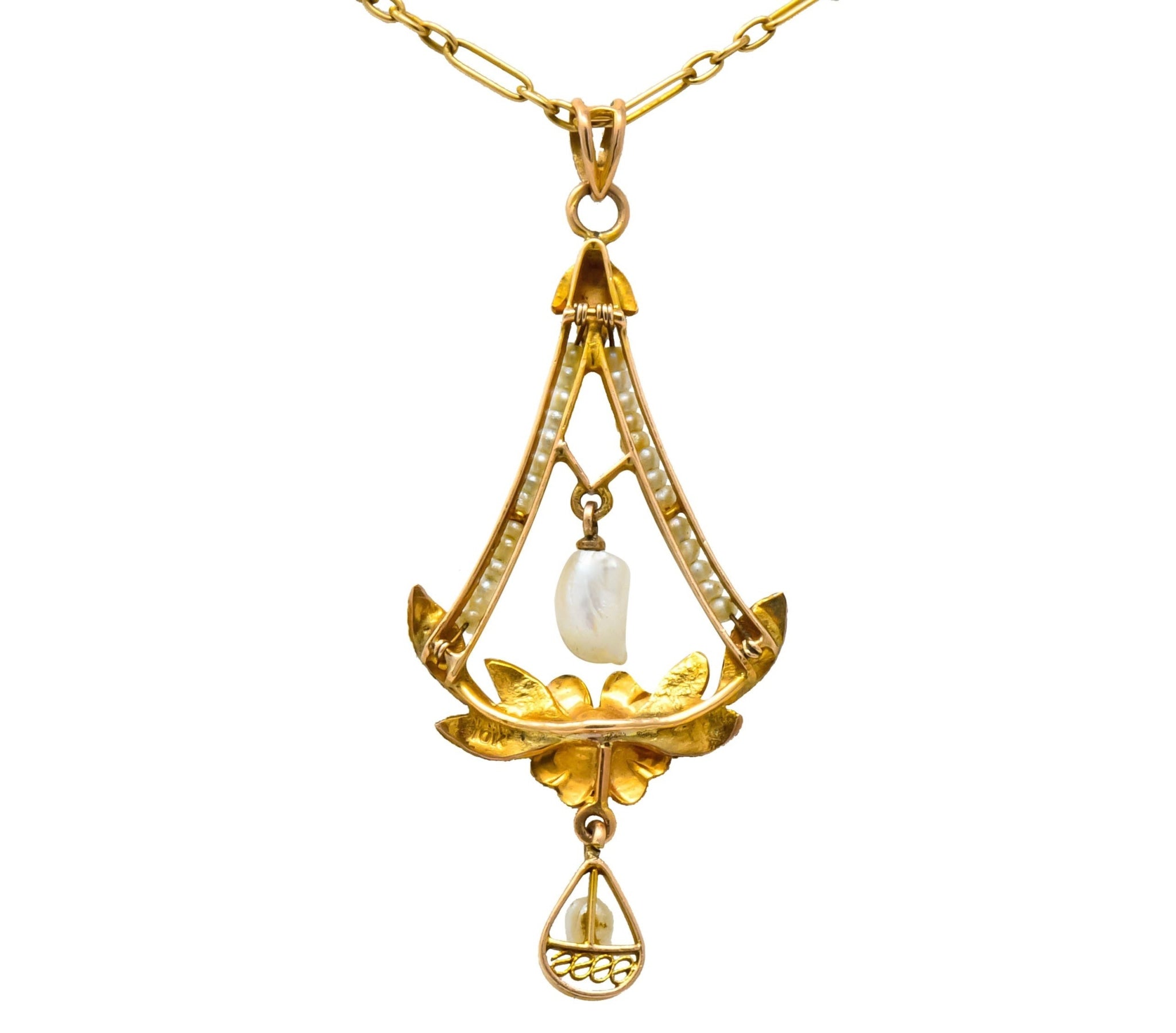 Art Nouveau Pearl Sapphire 10 Karat Tri-Gold Floral Lavalier Pendant Necklace - Wilson's Estate Jewelry