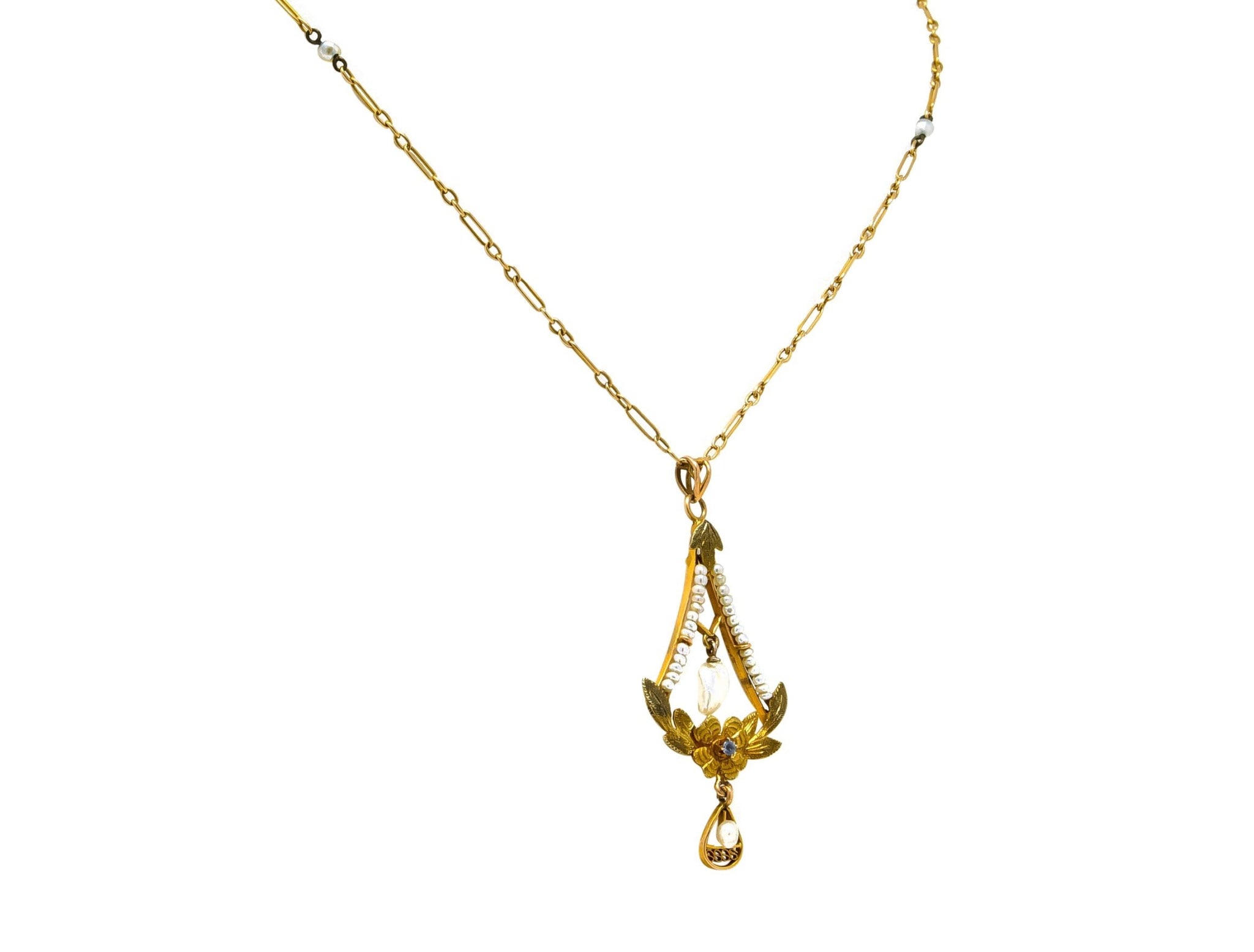 Art Nouveau Pearl Sapphire 10 Karat Tri-Gold Floral Lavalier Pendant Necklace - Wilson's Estate Jewelry