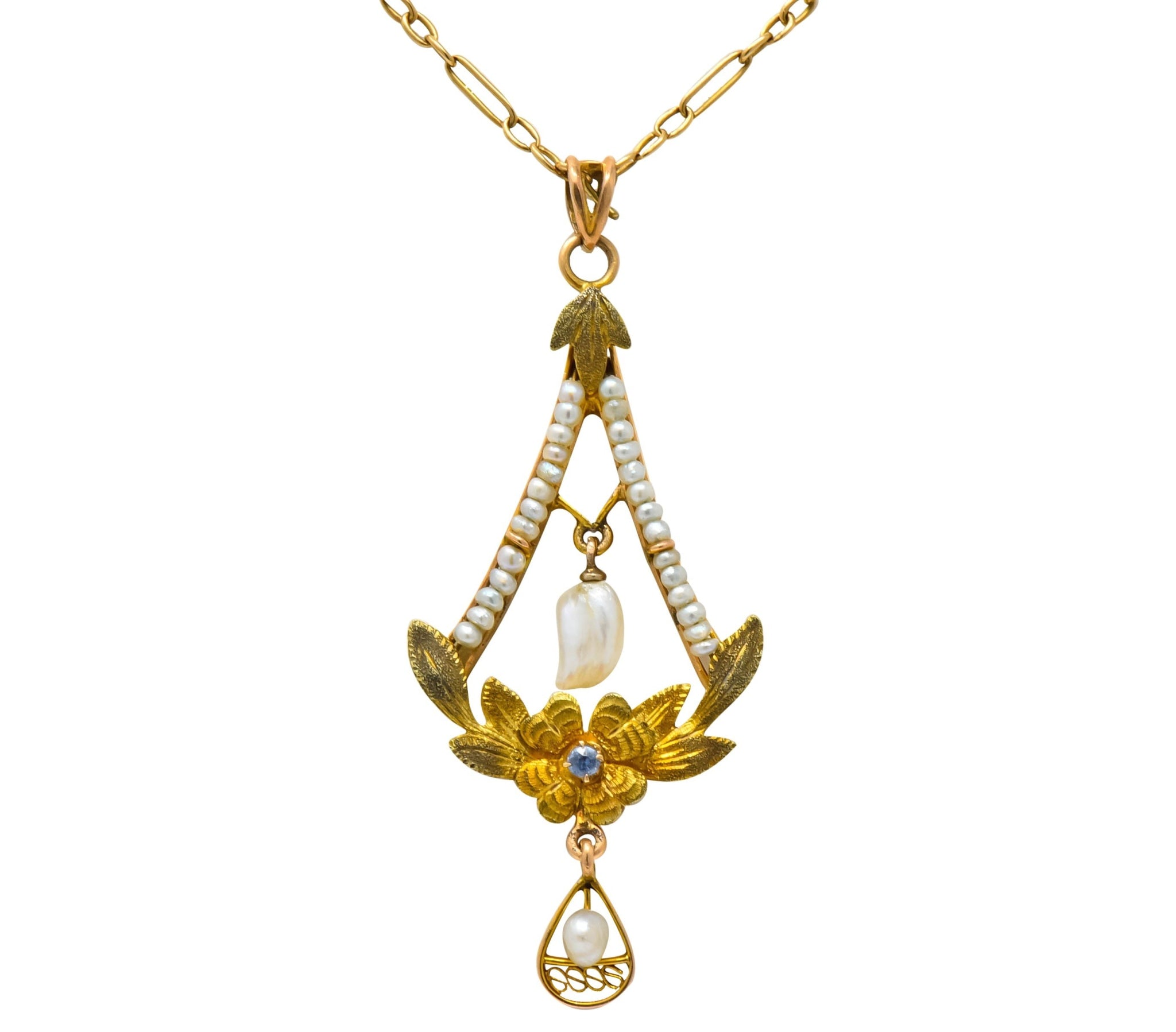 Art Nouveau Pearl Sapphire 10 Karat Tri-Gold Floral Lavalier Pendant Necklace - Wilson's Estate Jewelry