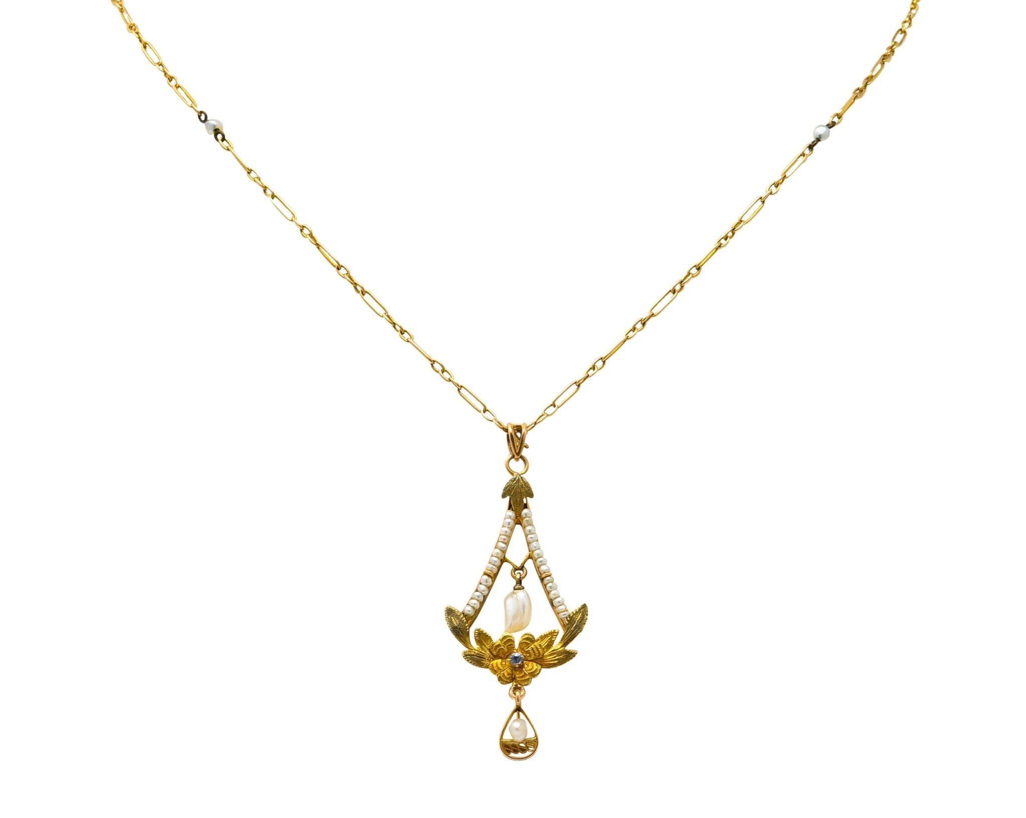 Art Nouveau Pearl Sapphire 10 Karat Tri-Gold Floral Lavalier Pendant Necklace - Wilson's Estate Jewelry