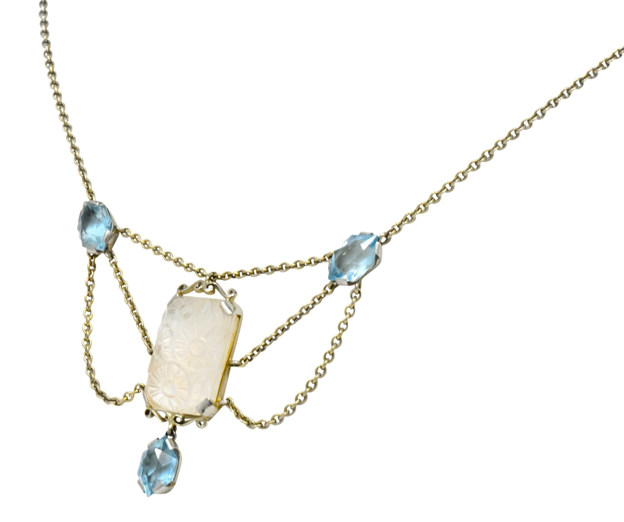 Art Nouveau Rock Crystal Mother of Pearl Aquamarine 18 Karat Gold Swag Necklace - Wilson's Estate Jewelry