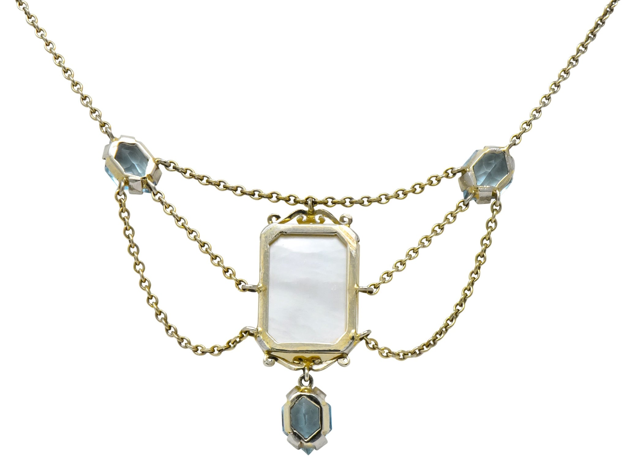 Art Nouveau Rock Crystal Mother of Pearl Aquamarine 18 Karat Gold Swag Necklace - Wilson's Estate Jewelry