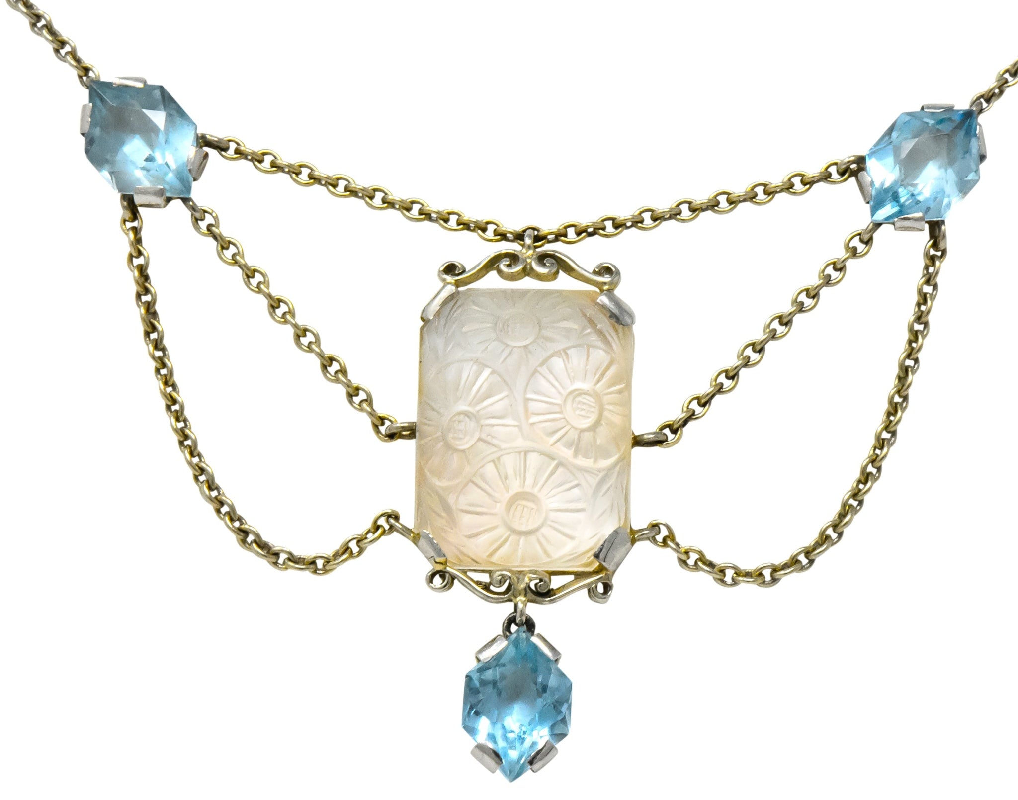 Art Nouveau Rock Crystal Mother of Pearl Aquamarine 18 Karat Gold Swag Necklace - Wilson's Estate Jewelry