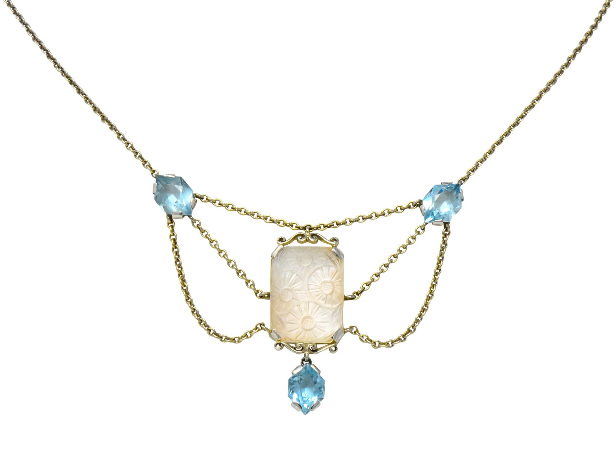 Art Nouveau Rock Crystal Mother of Pearl Aquamarine 18 Karat Gold Swag Necklace - Wilson's Estate Jewelry