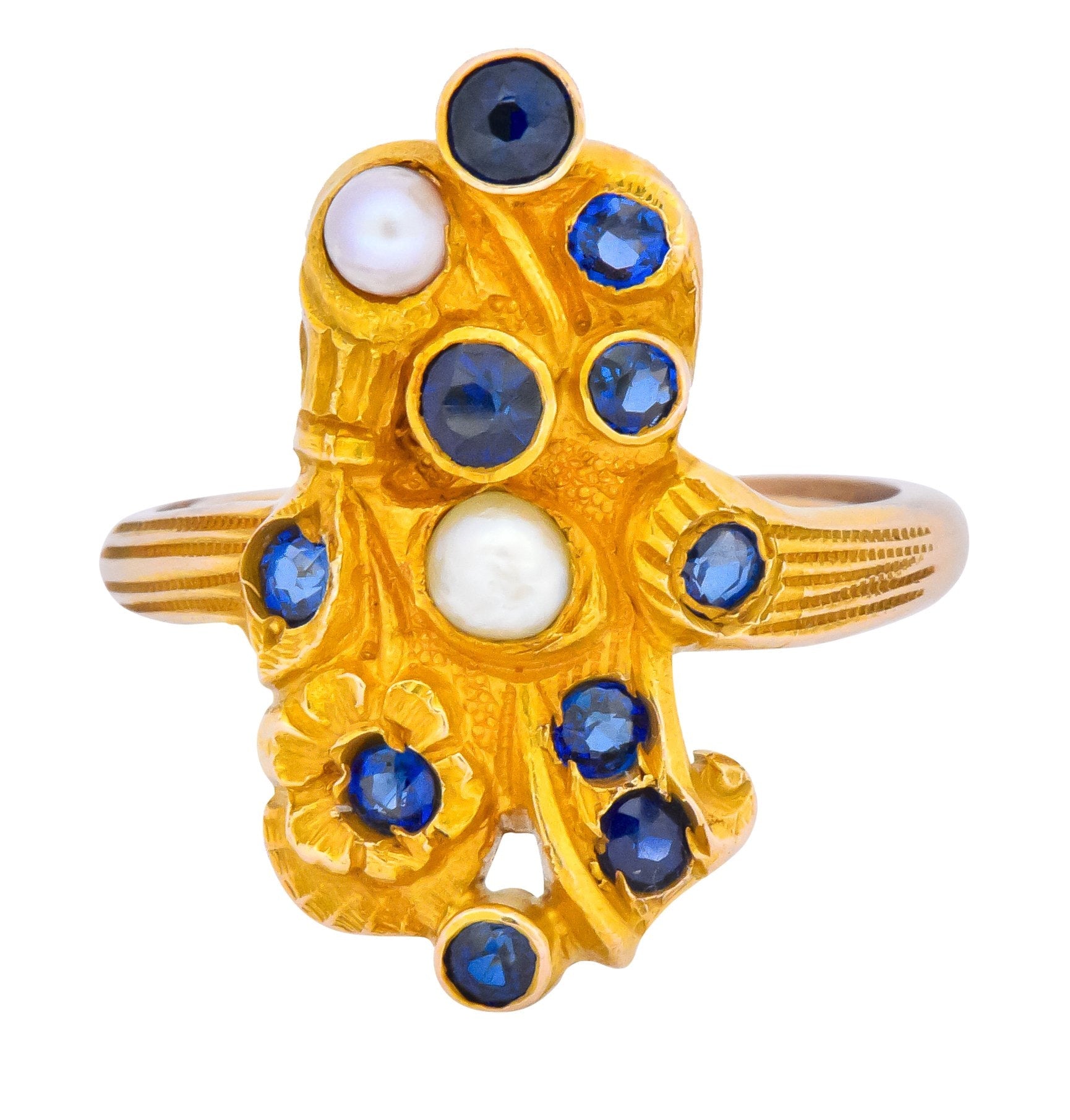 Art Nouveau Sapphire Pearl 14 Karat Gold Flower Dinner Ring - Wilson's Estate Jewelry