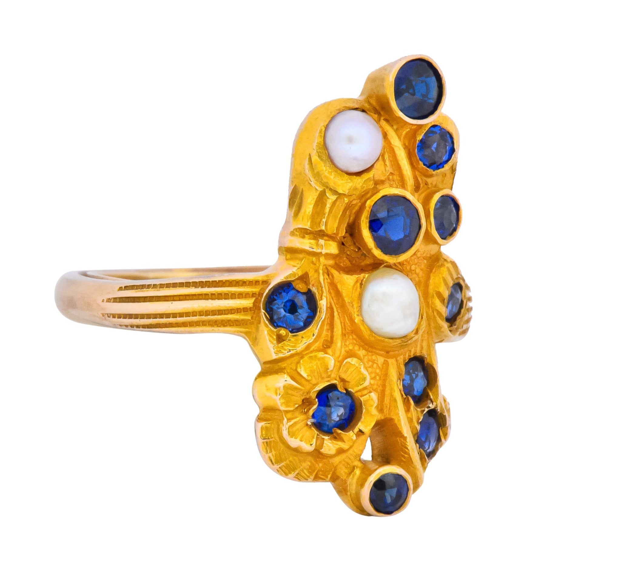 Art Nouveau Sapphire Pearl 14 Karat Gold Flower Dinner Ring - Wilson's Estate Jewelry