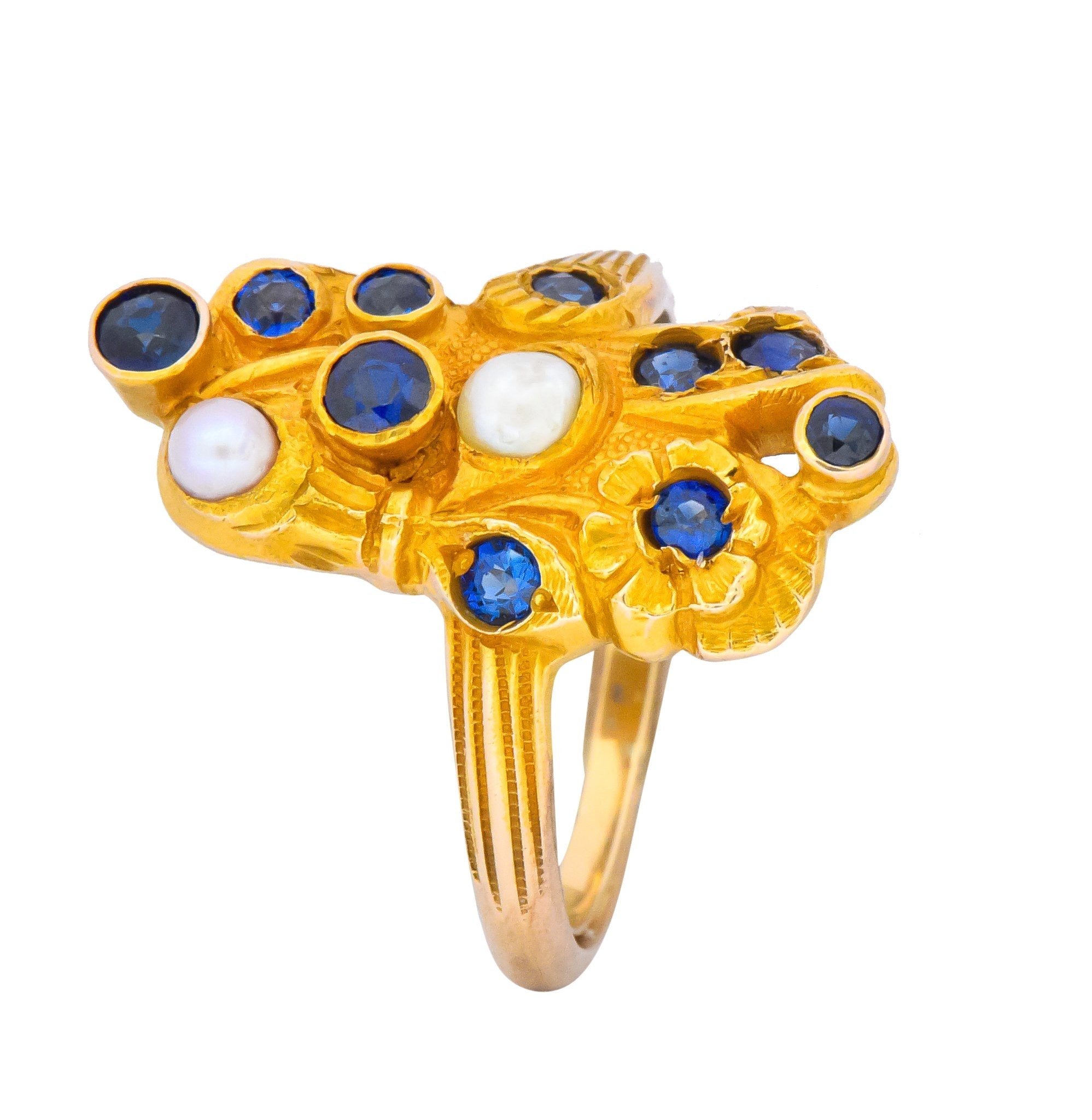 Art Nouveau Sapphire Pearl 14 Karat Gold Flower Dinner Ring - Wilson's Estate Jewelry