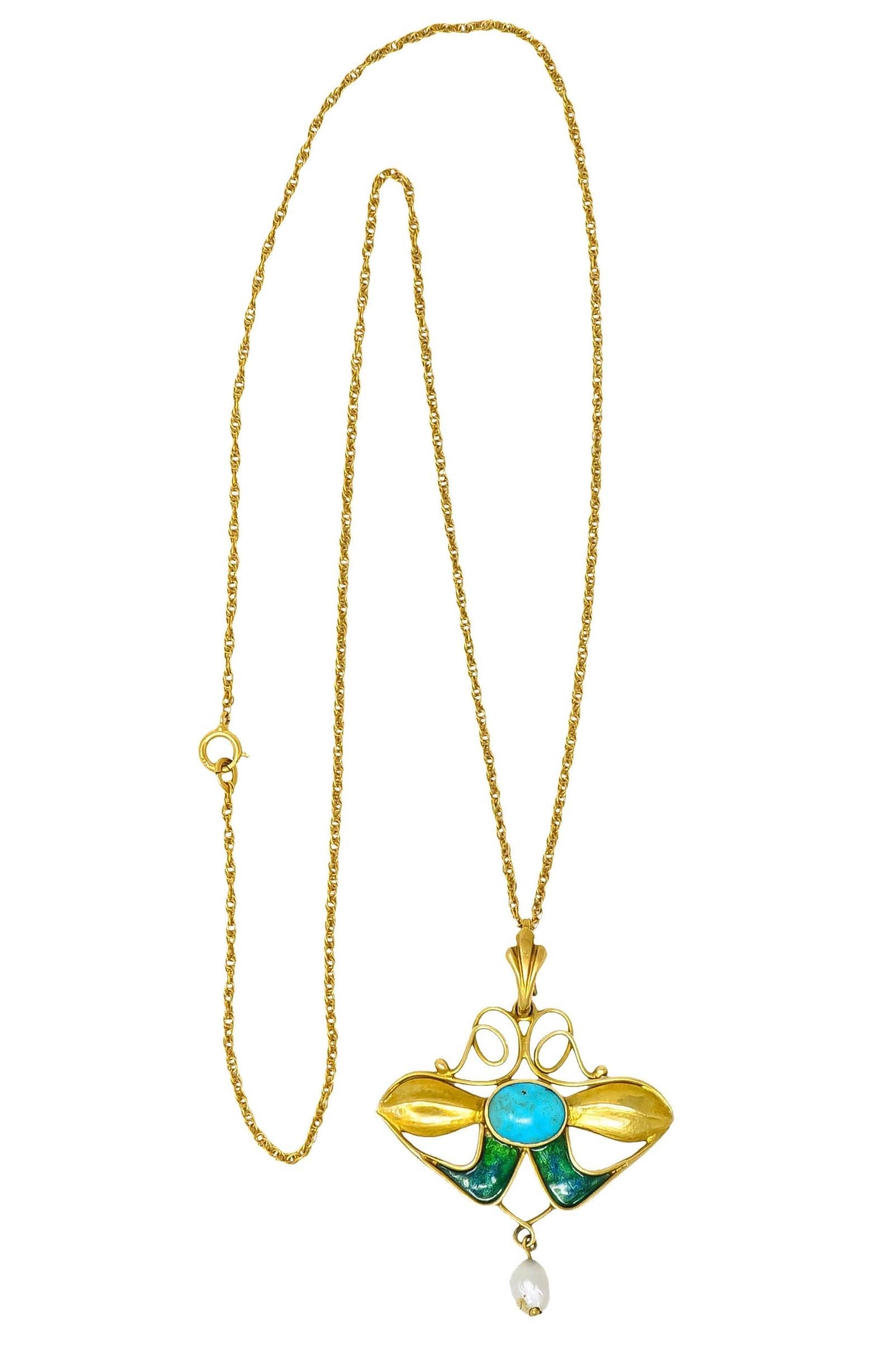 Art Nouveau Turquoise Enamel Natural Pearl Floral Drop Pendant Necklace - Wilson's Estate Jewelry