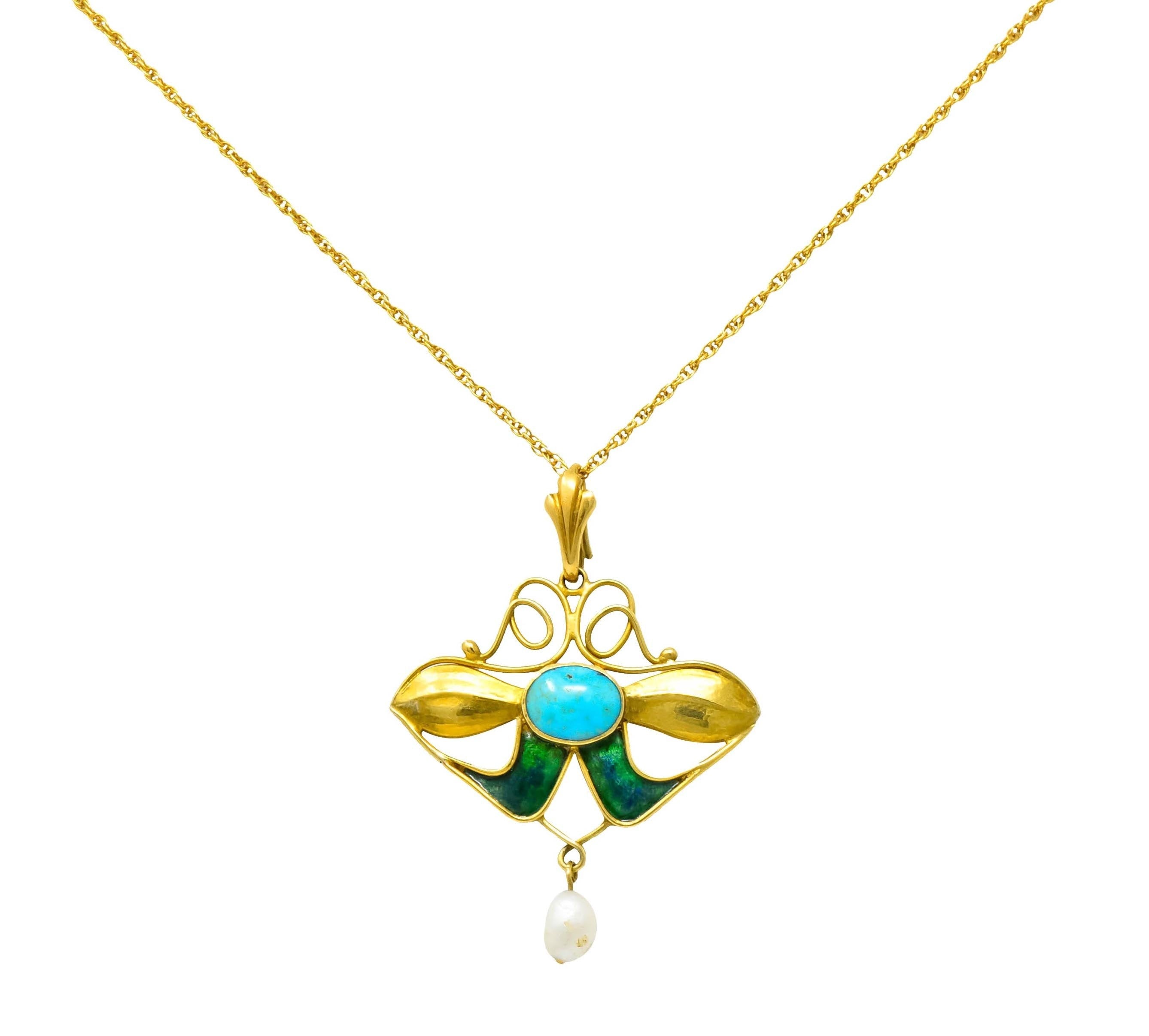Art Nouveau Turquoise Enamel Natural Pearl Floral Drop Pendant Necklace - Wilson's Estate Jewelry