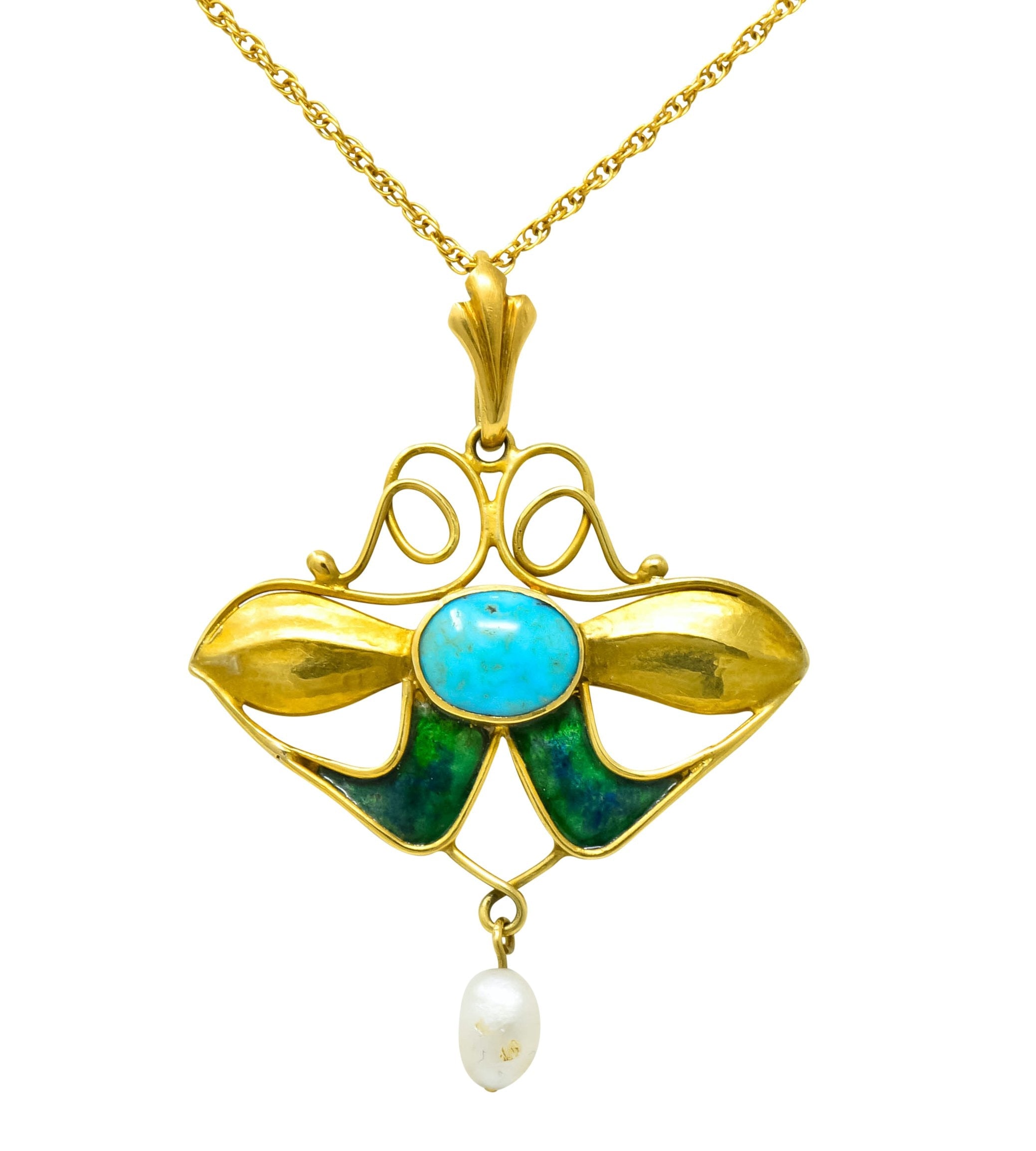 Art Nouveau Turquoise Enamel Natural Pearl Floral Drop Pendant Necklace - Wilson's Estate Jewelry