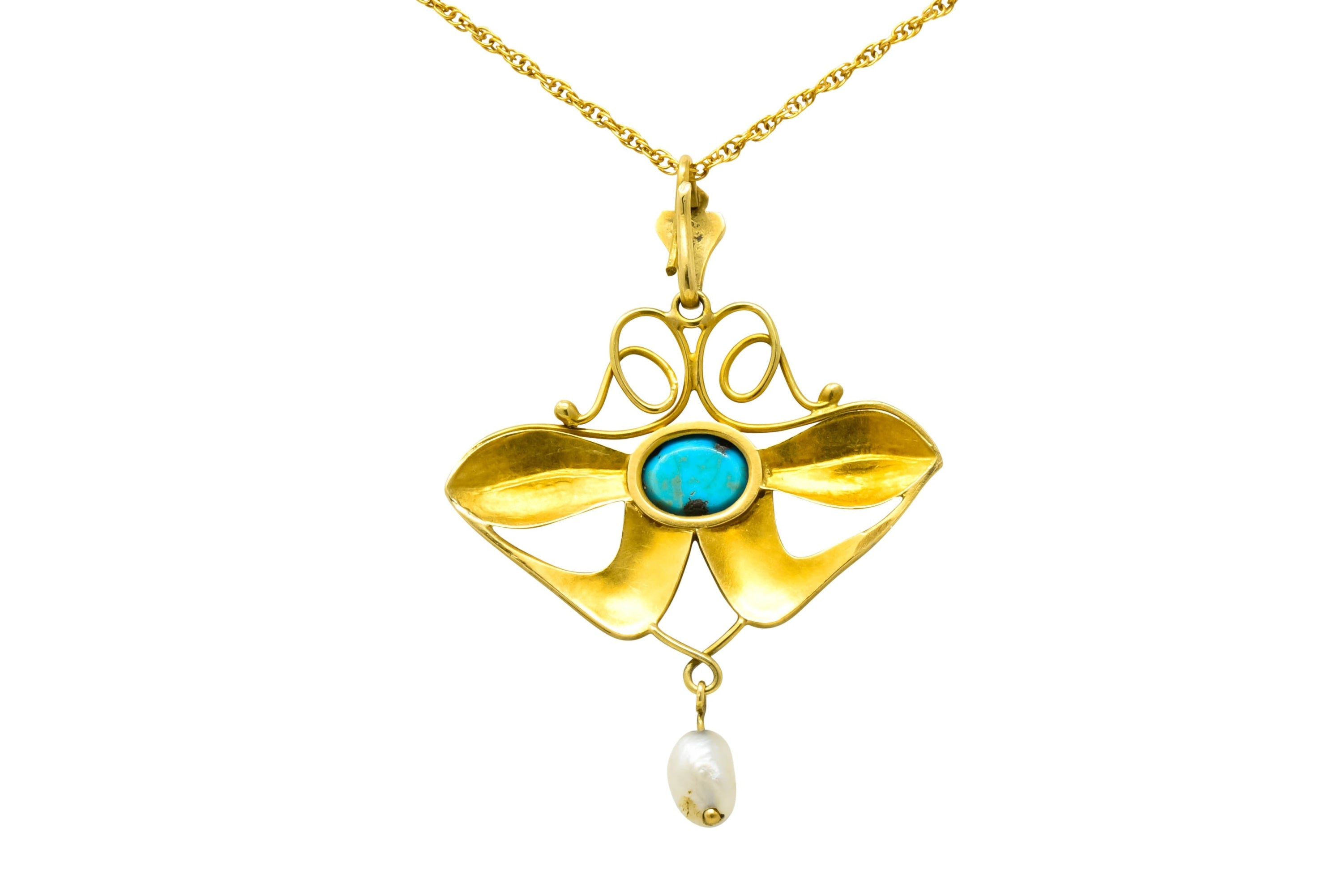 Art Nouveau Turquoise Enamel Natural Pearl Floral Drop Pendant Necklace - Wilson's Estate Jewelry
