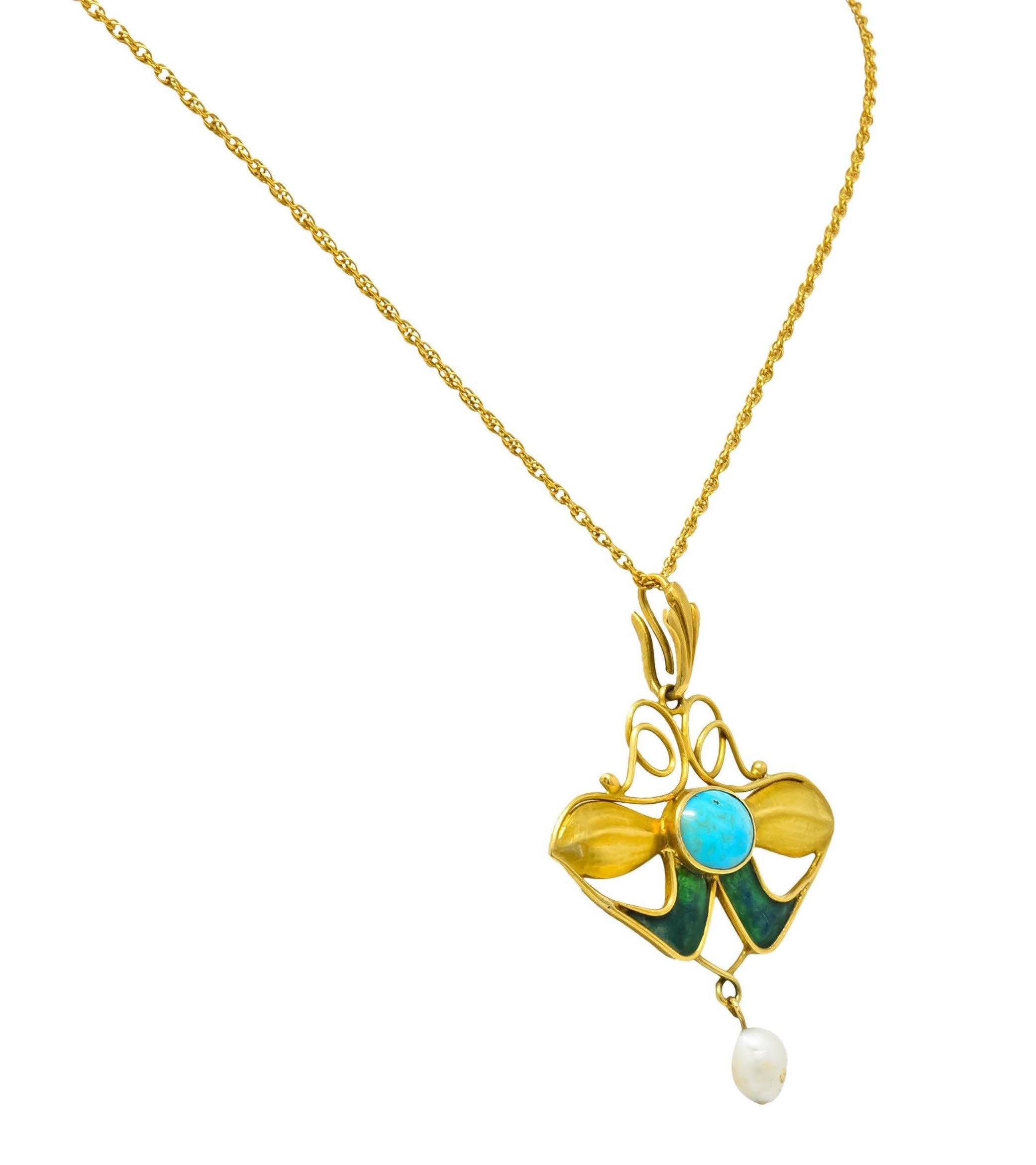 Art Nouveau Turquoise Enamel Natural Pearl Floral Drop Pendant Necklace - Wilson's Estate Jewelry