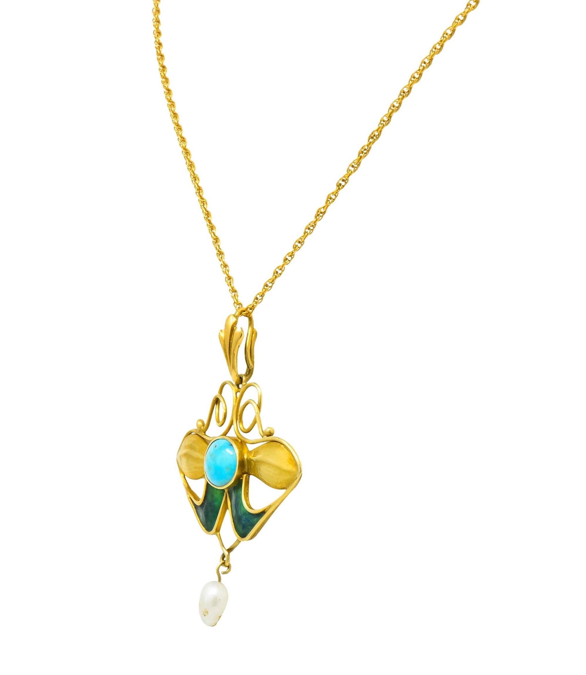 Art Nouveau Turquoise Enamel Natural Pearl Floral Drop Pendant Necklace - Wilson's Estate Jewelry