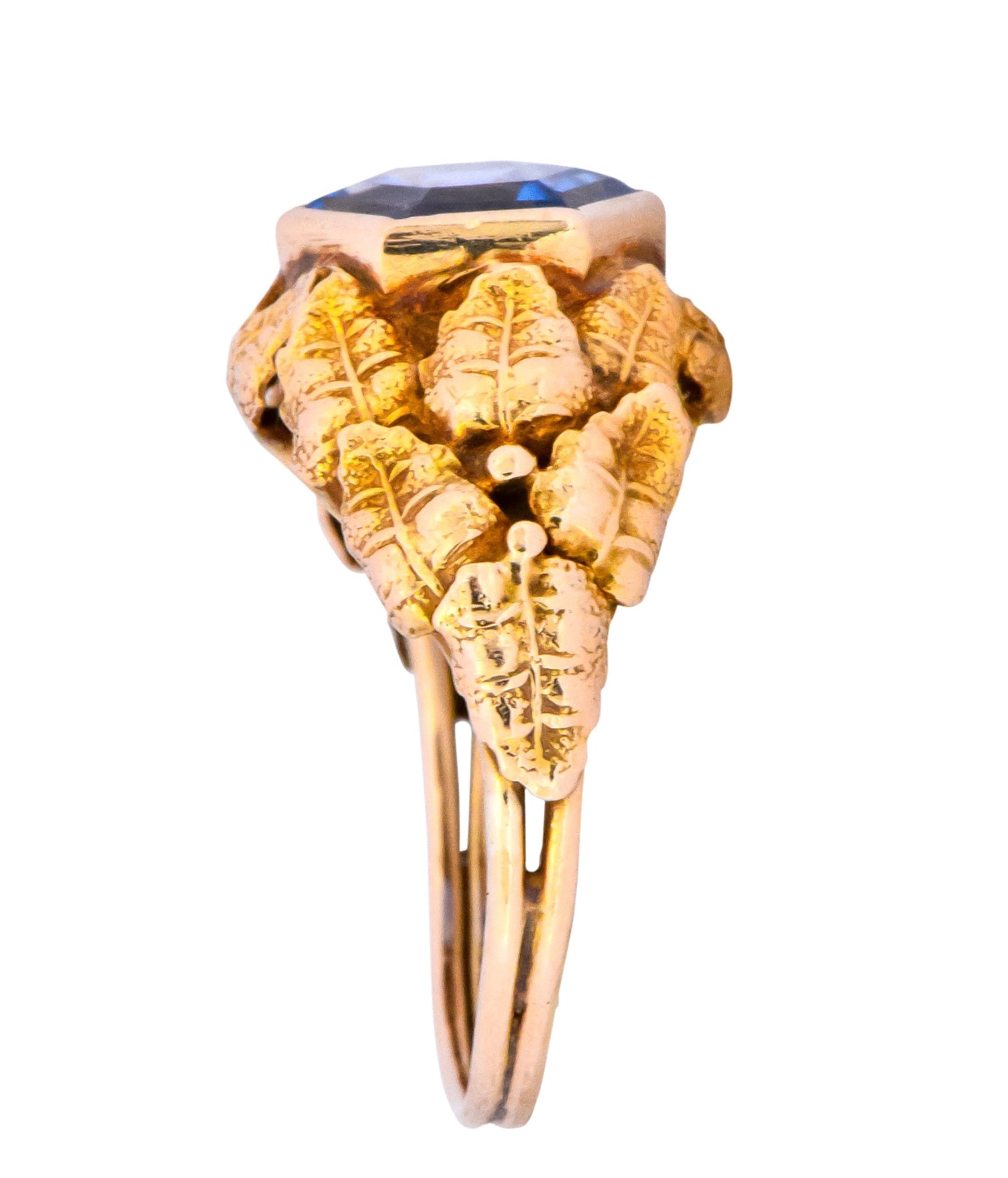 Arts & Crafts 1910 No Heat Hexagonal Sapphire 14 Karat Rose Gold Foliate Ring GIA - Wilson's Estate Jewelry