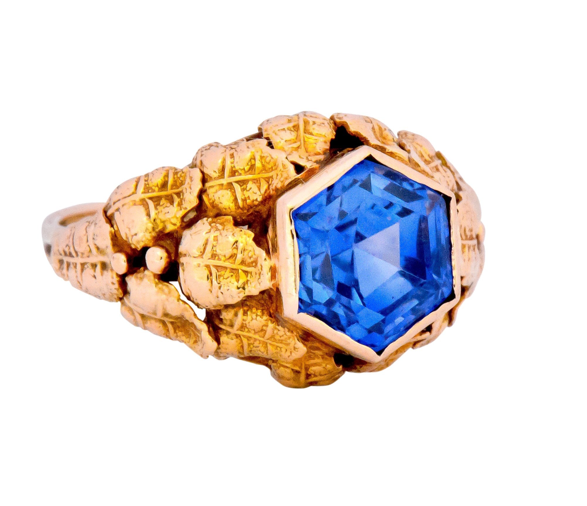 Arts & Crafts 1910 No Heat Hexagonal Sapphire 14 Karat Rose Gold Foliate Ring GIA - Wilson's Estate Jewelry