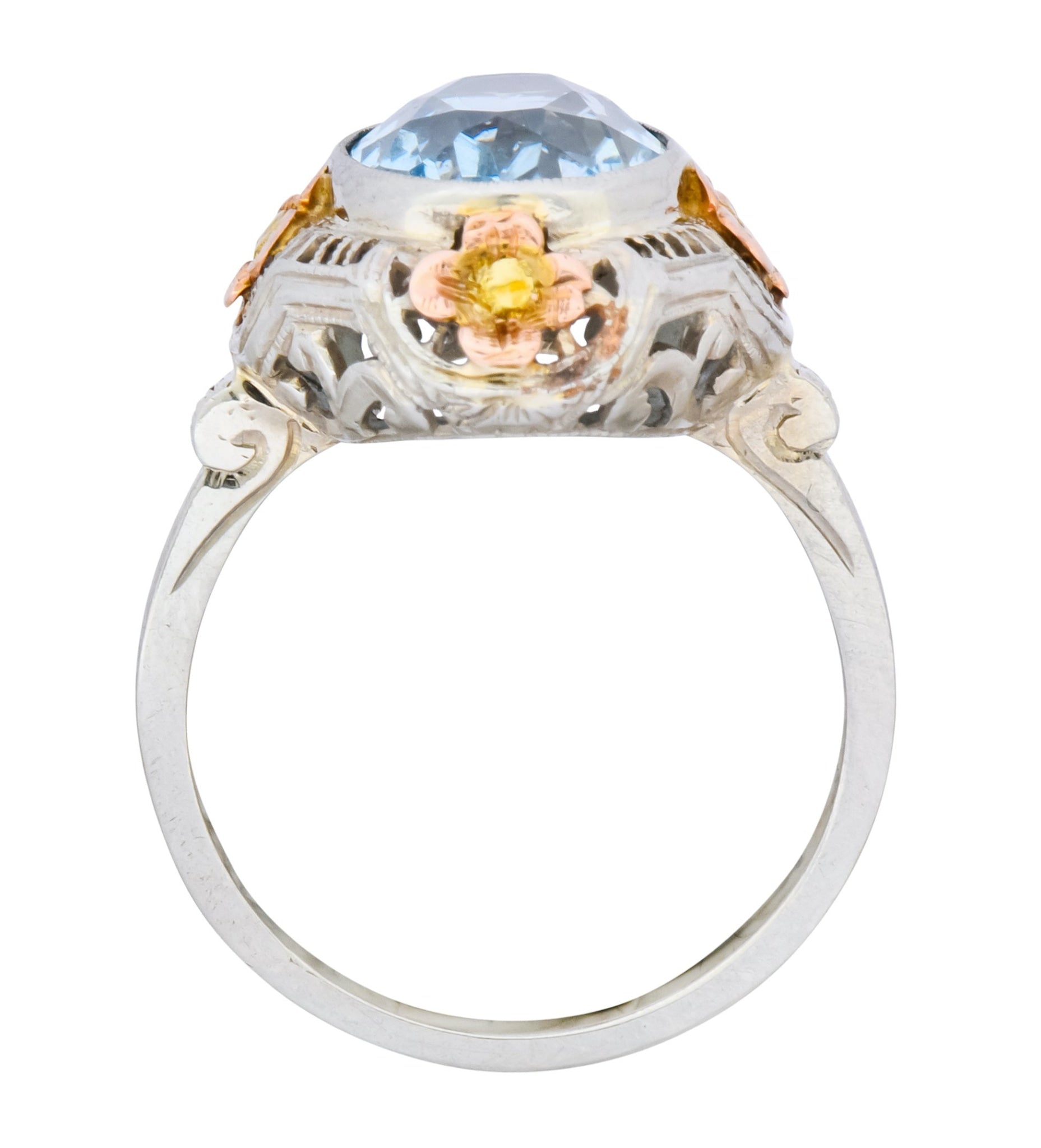 Arts & Crafts 3.10 CTW Aquamarine 14 Karat Tri-Colored Gold Floral Ring Circa 1900 - Wilson's Estate Jewelry
