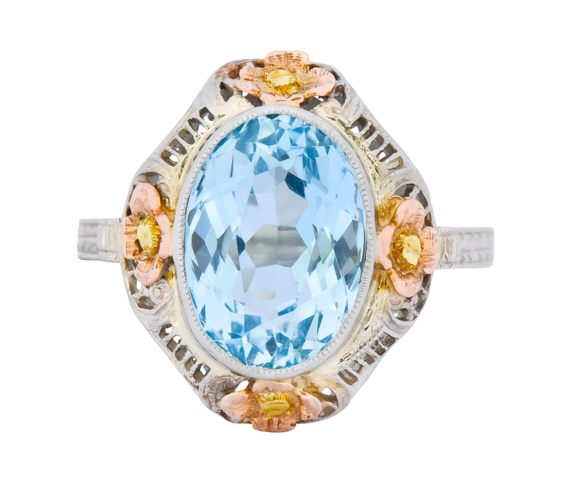 Arts & Crafts 3.10 CTW Aquamarine 14 Karat Tri-Colored Gold Floral Ring Circa 1900 - Wilson's Estate Jewelry