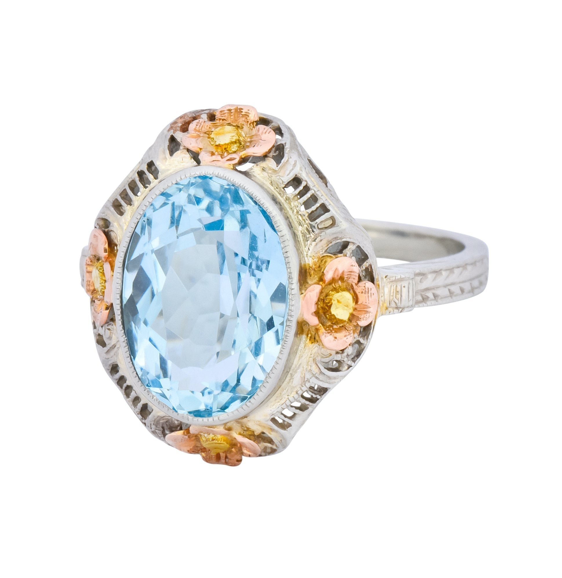 Arts & Crafts 3.10 CTW Aquamarine 14 Karat Tri-Colored Gold Floral Ring Circa 1900 - Wilson's Estate Jewelry