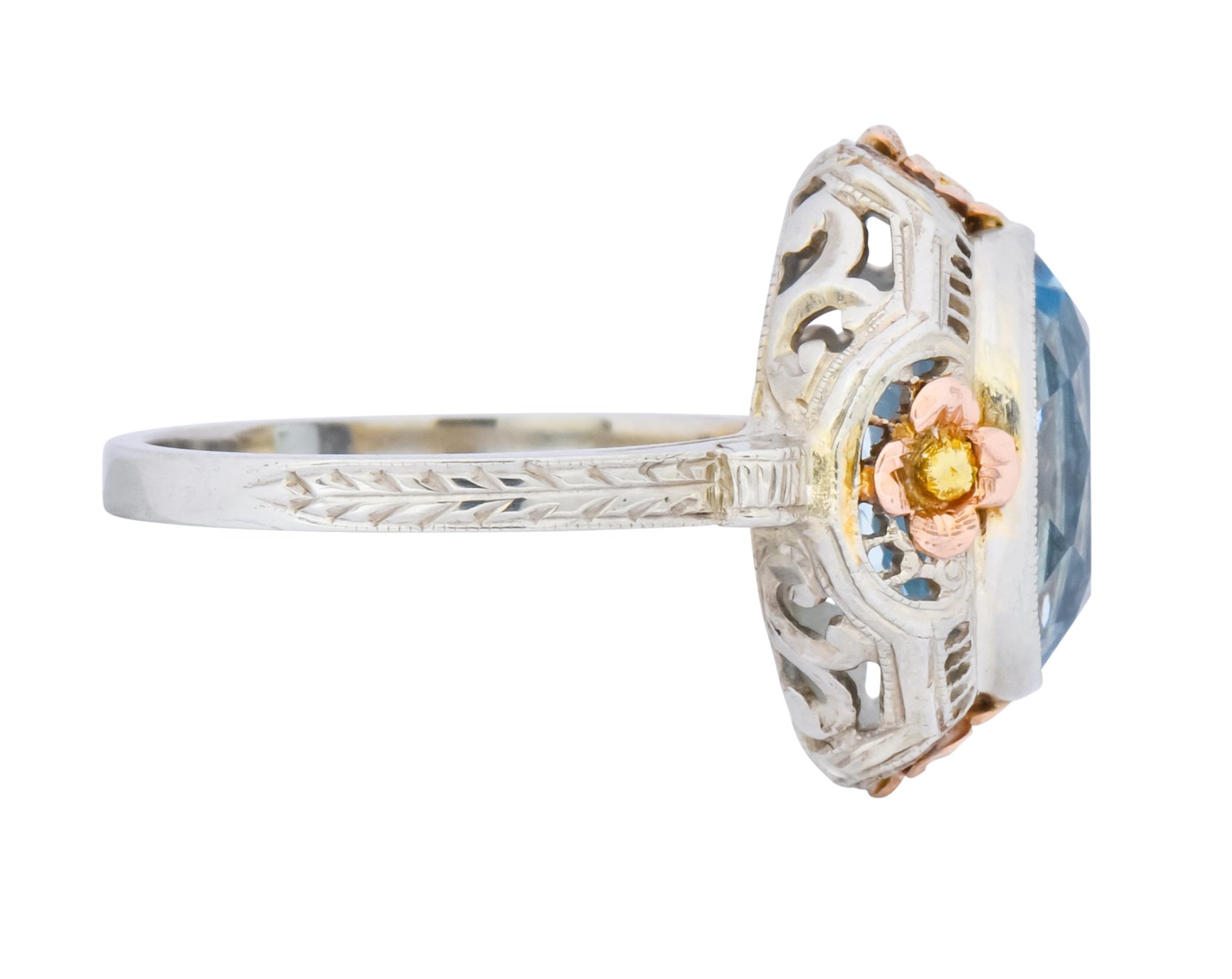 Arts & Crafts 3.10 CTW Aquamarine 14 Karat Tri-Colored Gold Floral Ring Circa 1900 - Wilson's Estate Jewelry