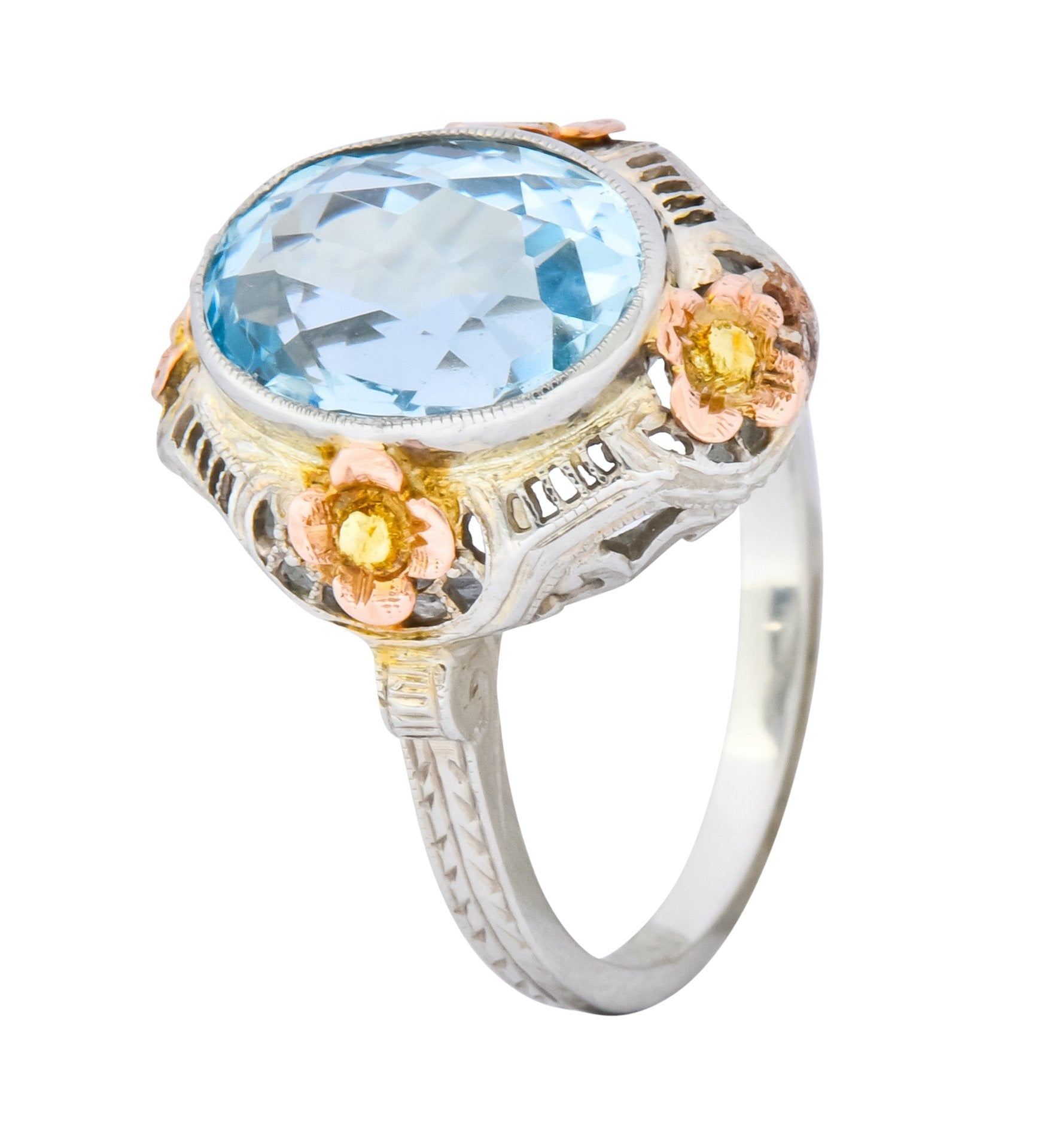 Arts & Crafts 3.10 CTW Aquamarine 14 Karat Tri-Colored Gold Floral Ring Circa 1900 - Wilson's Estate Jewelry