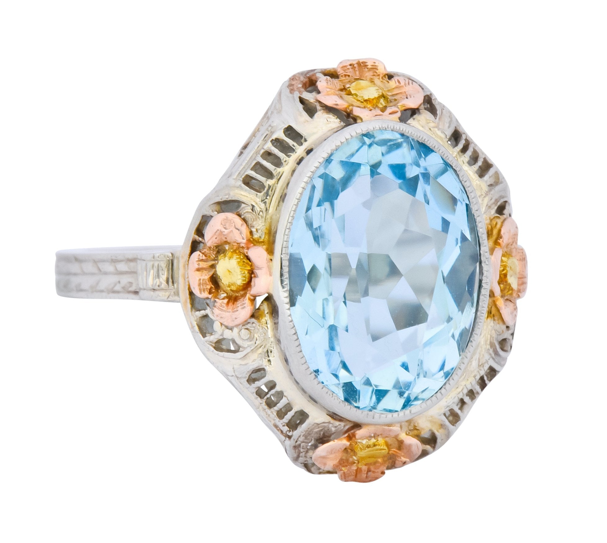 Arts & Crafts 3.10 CTW Aquamarine 14 Karat Tri-Colored Gold Floral Ring Circa 1900 - Wilson's Estate Jewelry