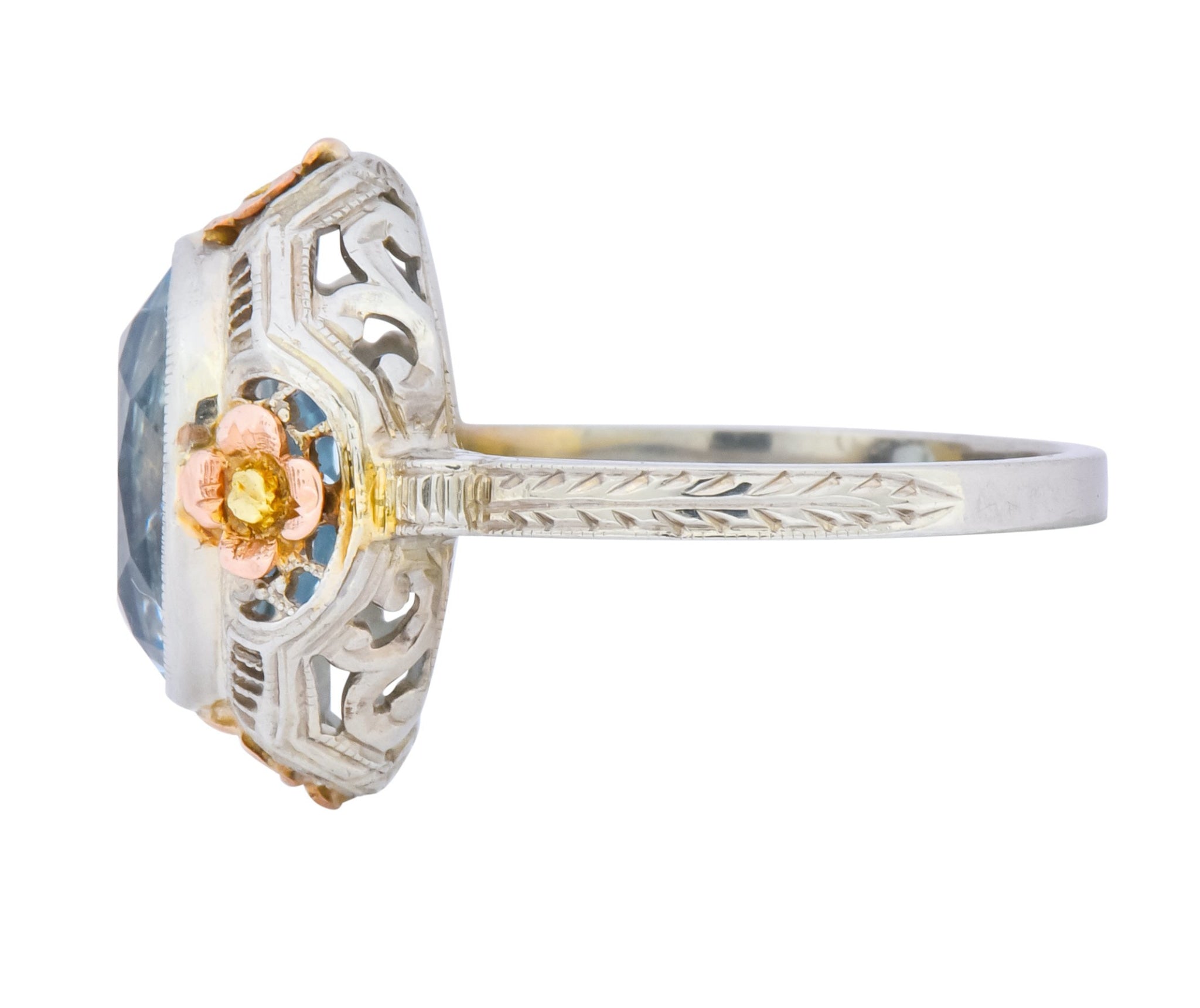 Arts & Crafts 3.10 CTW Aquamarine 14 Karat Tri-Colored Gold Floral Ring Circa 1900 - Wilson's Estate Jewelry