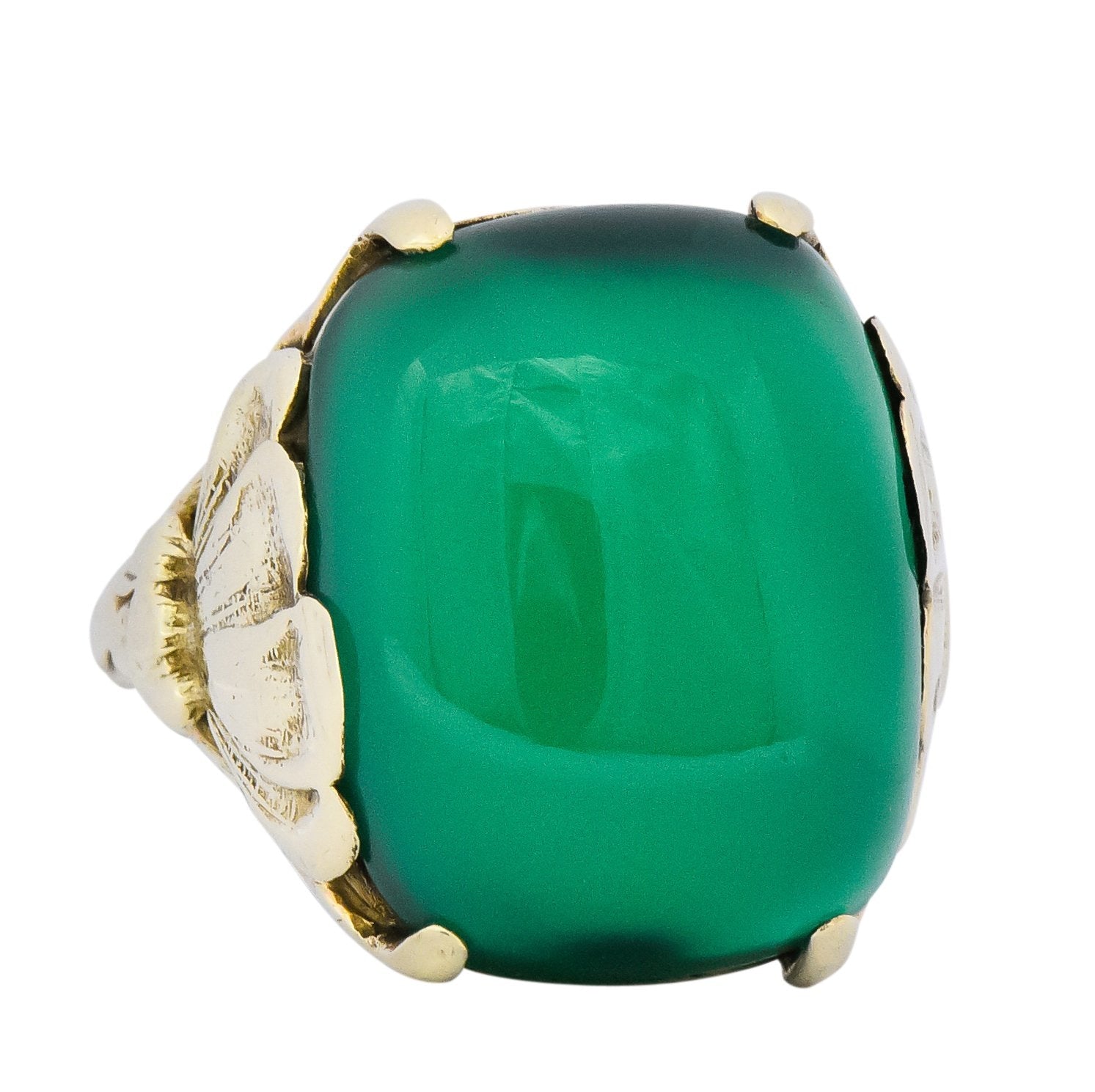 Arts & Crafts Chrysoprase 14 Karat Gold Lotus Ring - Wilson's Estate Jewelry