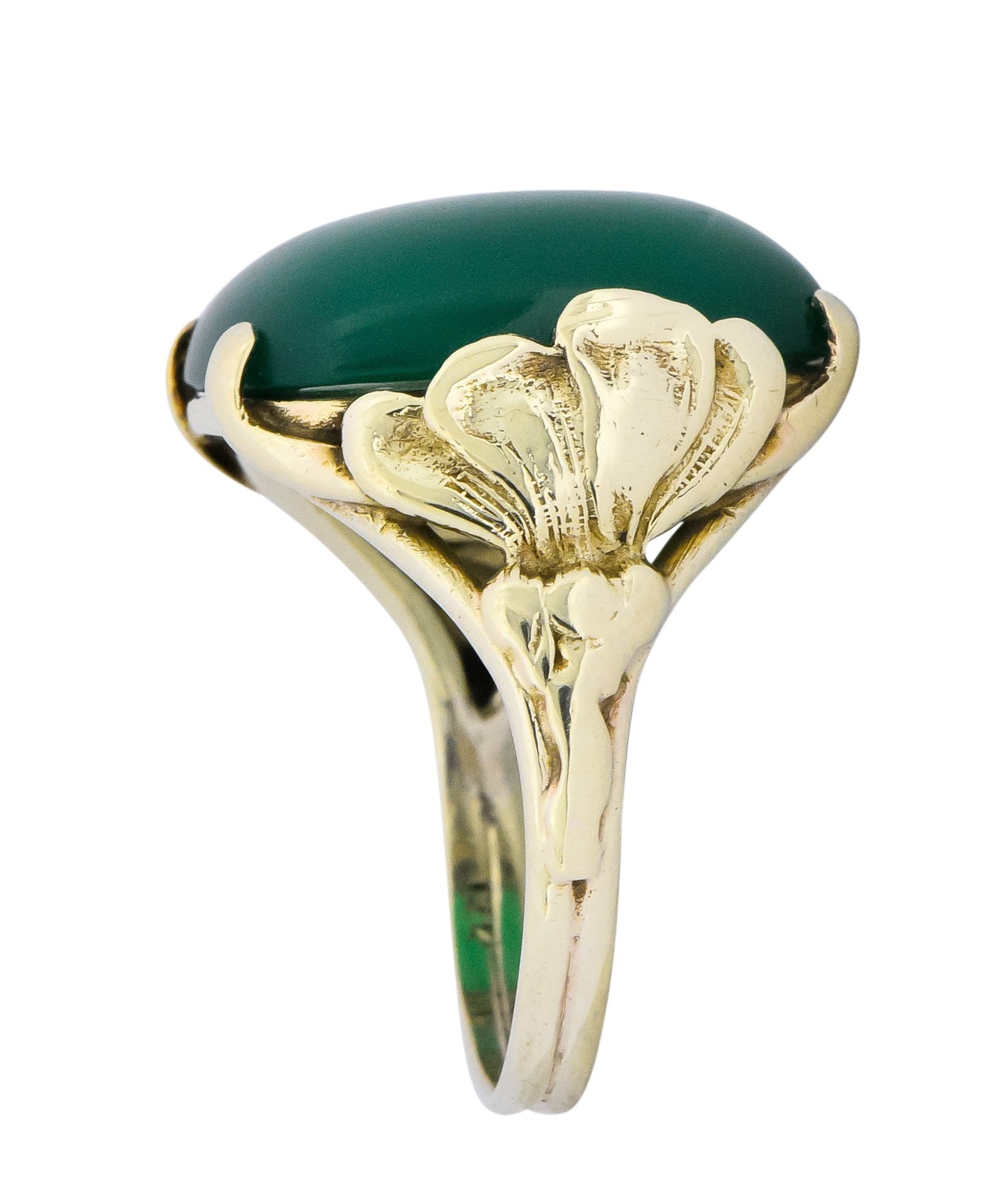 Arts & Crafts Chrysoprase 14 Karat Gold Lotus Ring - Wilson's Estate Jewelry