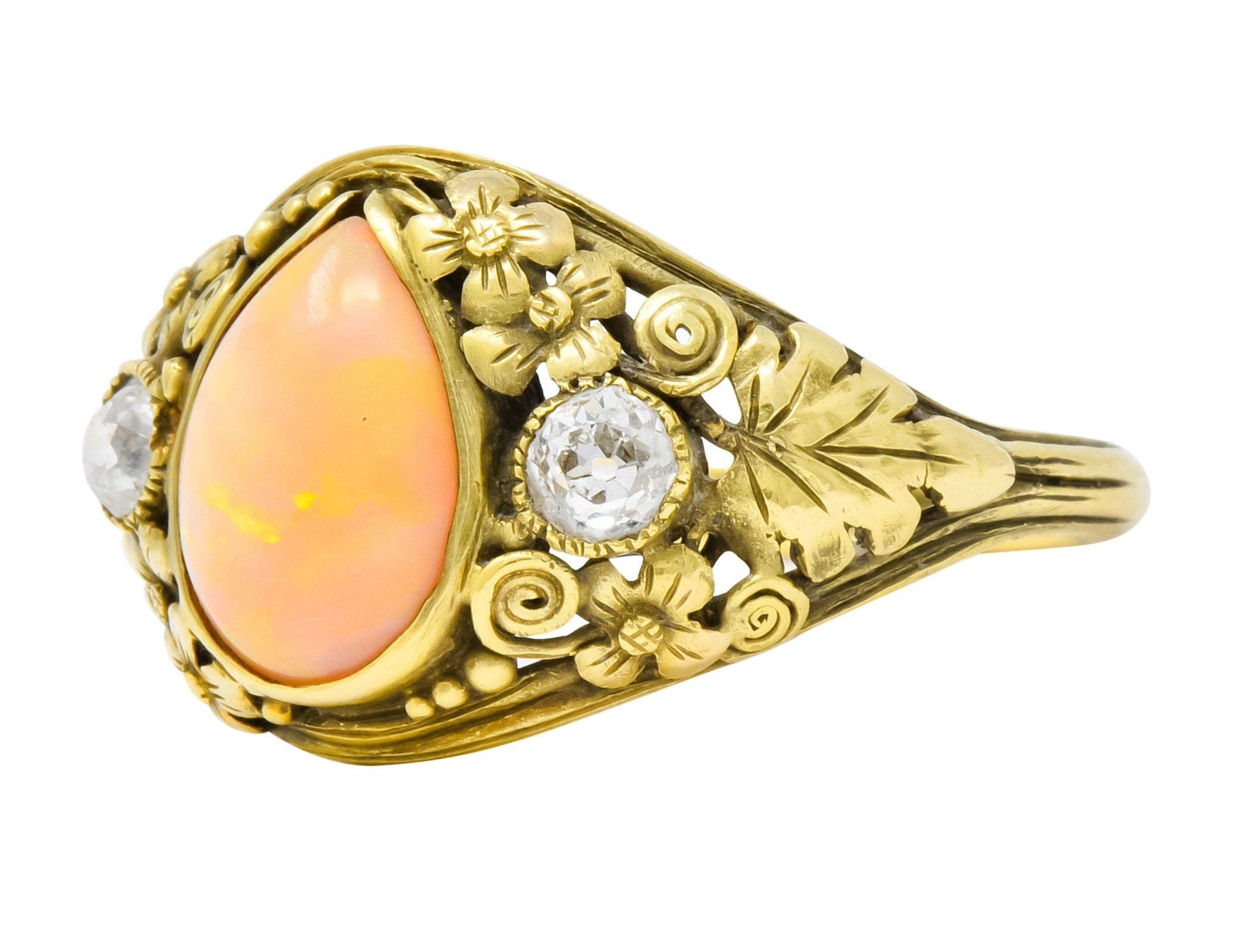 Arts & Crafts Opal Diamond 18 Karat Gold Floral Band Ring Circa 1900 - Wilson's Estate Jewelry