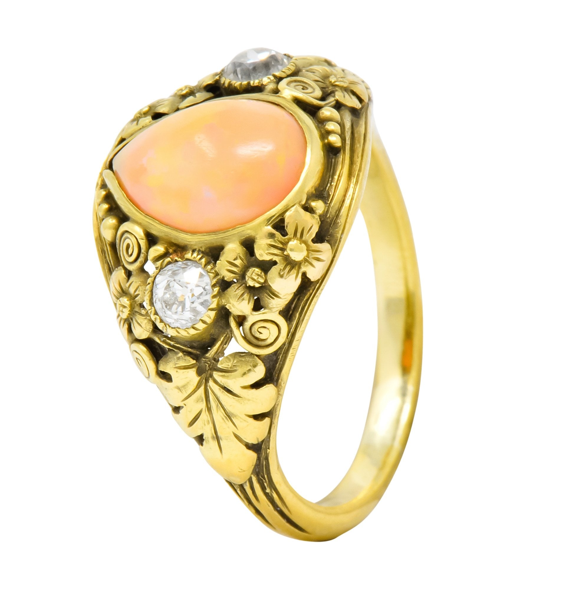 Arts & Crafts Opal Diamond 18 Karat Gold Floral Band Ring Circa 1900 - Wilson's Estate Jewelry