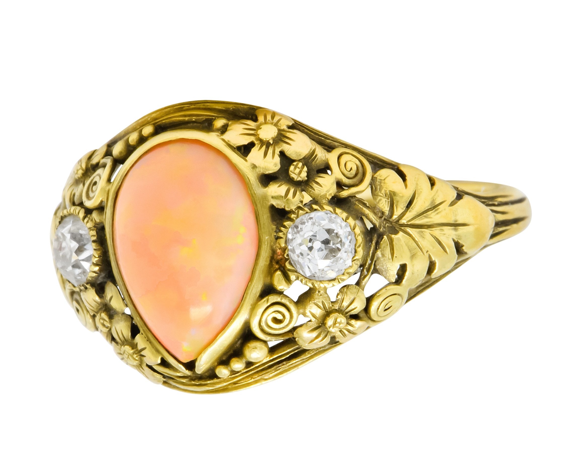 Arts & Crafts Opal Diamond 18 Karat Gold Floral Band Ring Circa 1900 - Wilson's Estate Jewelry