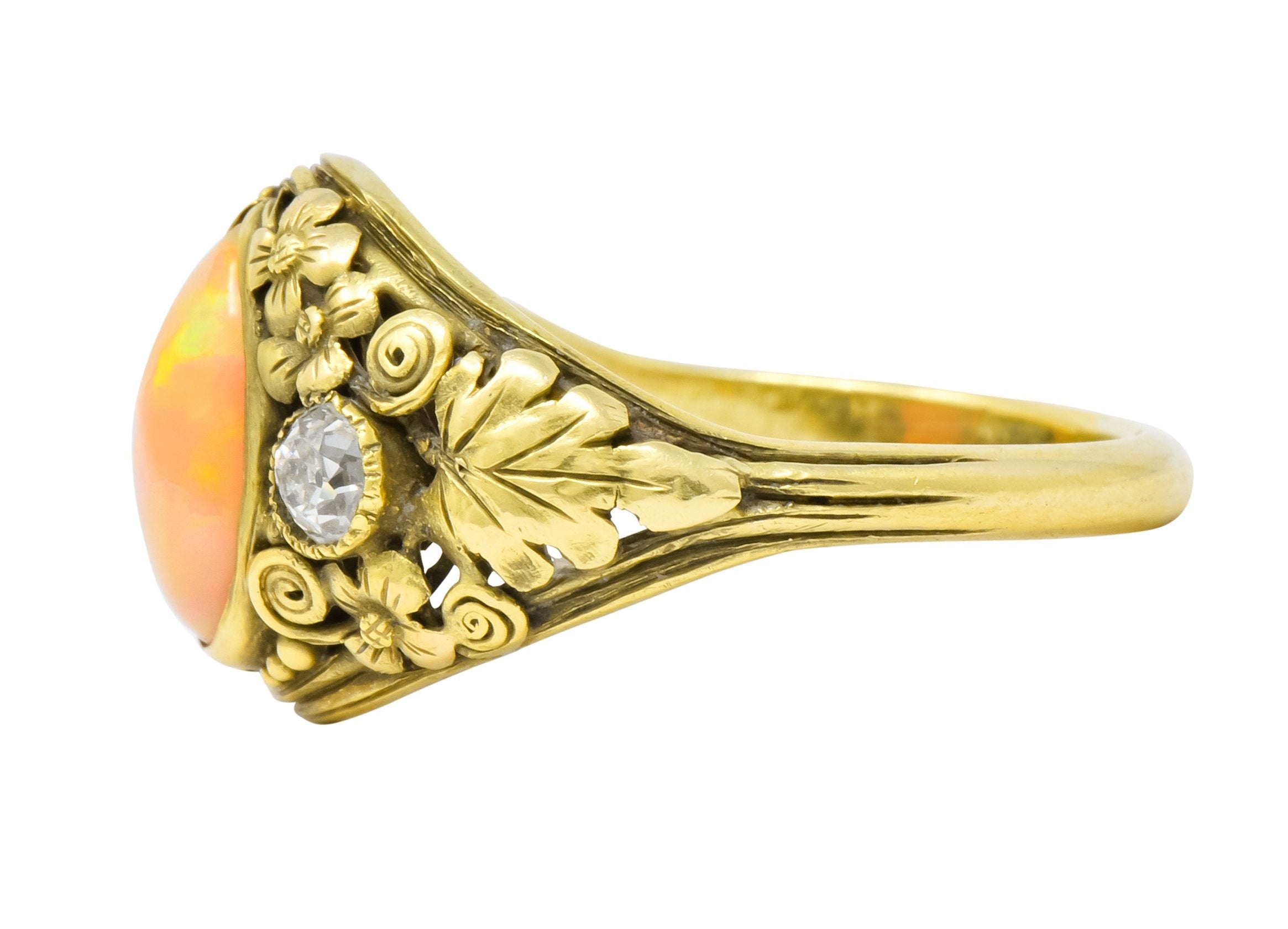 Arts & Crafts Opal Diamond 18 Karat Gold Floral Band Ring Circa 1900 - Wilson's Estate Jewelry