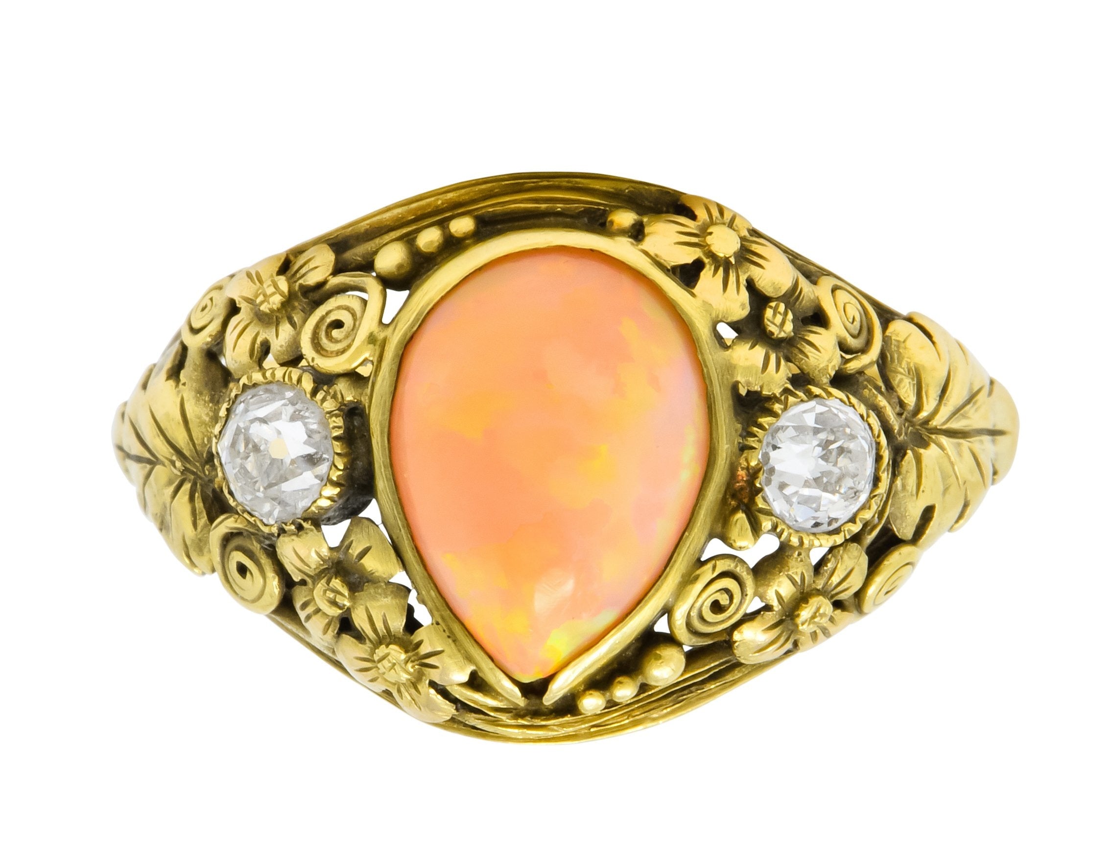 Arts & Crafts Opal Diamond 18 Karat Gold Floral Band Ring Circa 1900 - Wilson's Estate Jewelry