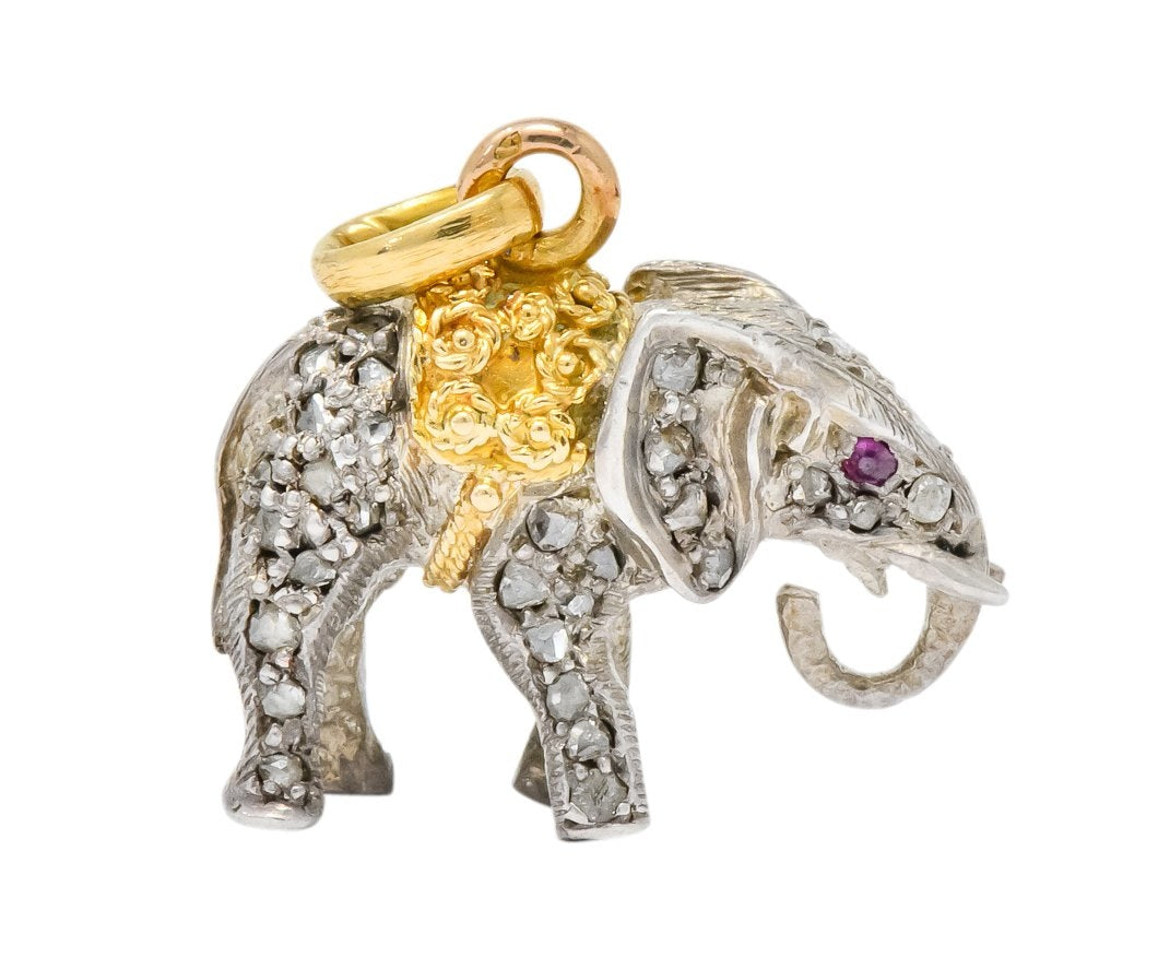 Belle Epoque French Diamond Ruby Silver 18 Karat Gold Elephant Charm Edwardian - Wilson's Estate Jewelry