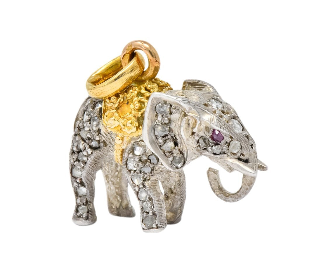 Belle Epoque French Diamond Ruby Silver 18 Karat Gold Elephant Charm Edwardian - Wilson's Estate Jewelry