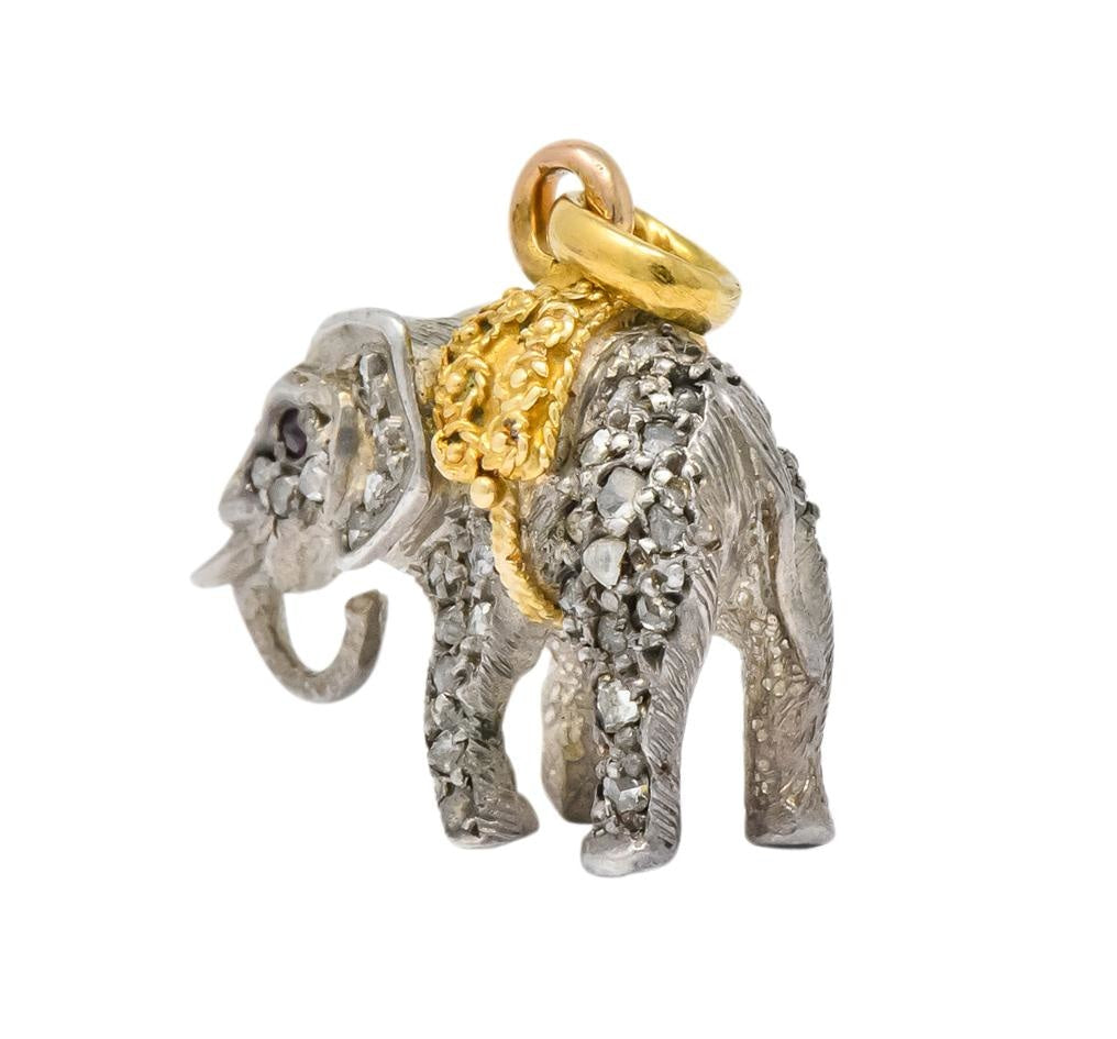 Belle Epoque French Diamond Ruby Silver 18 Karat Gold Elephant Charm Edwardian - Wilson's Estate Jewelry