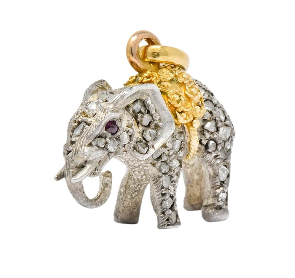 Belle Epoque French Diamond Ruby Silver 18 Karat Gold Elephant Charm Edwardian - Wilson's Estate Jewelry