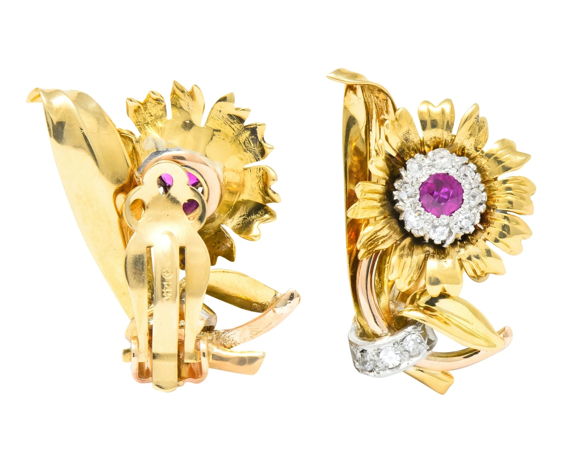 Bernard Weber Retro 1.13 CTW Ruby Diamond Platinum-Topped Flower Ear-Clip Earrings - Wilson's Estate Jewelry