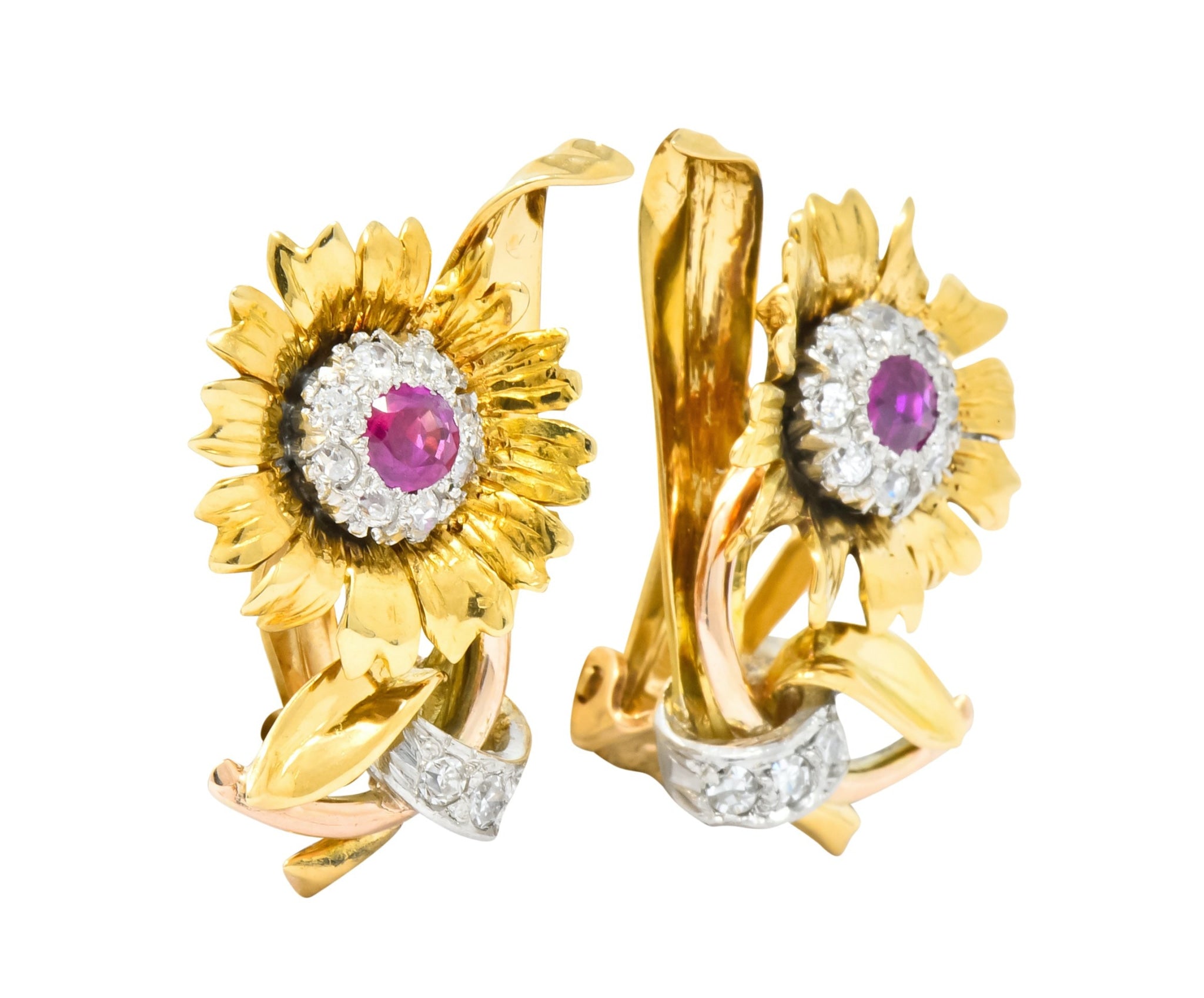 Bernard Weber Retro 1.13 CTW Ruby Diamond Platinum-Topped Flower Ear-Clip Earrings - Wilson's Estate Jewelry