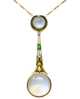 Brassler & Co. Art Nouveau Moonstone Demantoid Garnet Diamond 14 Karat Gold Drop Necklace - Wilson's Estate Jewelry