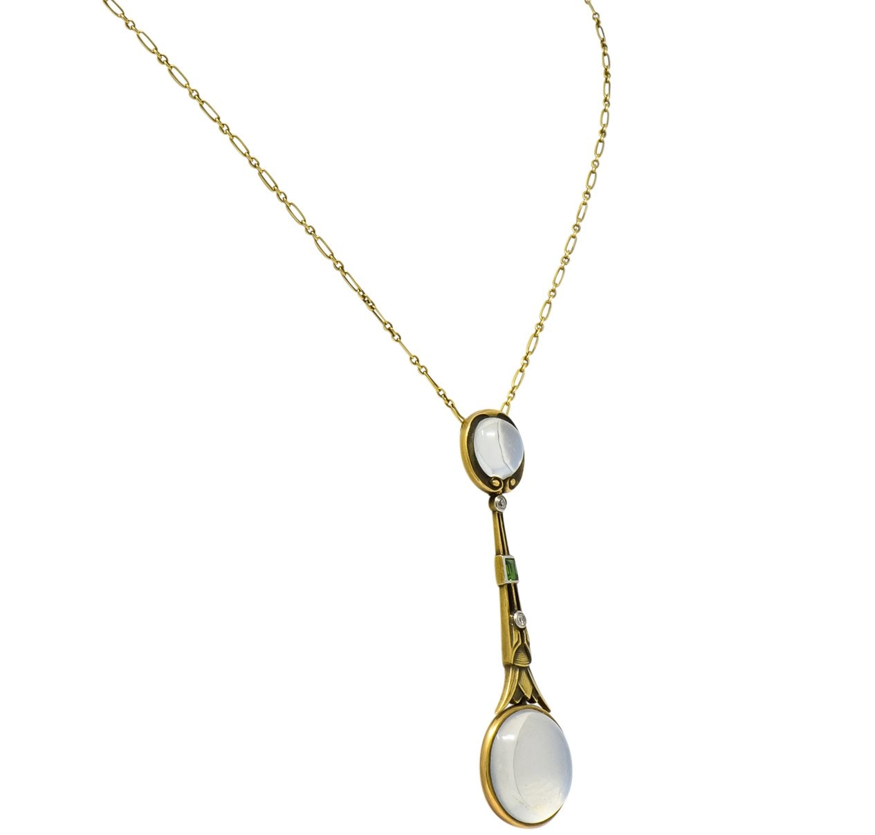 Brassler & Co. Art Nouveau Moonstone Demantoid Garnet Diamond 14 Karat Gold Drop Necklace - Wilson's Estate Jewelry