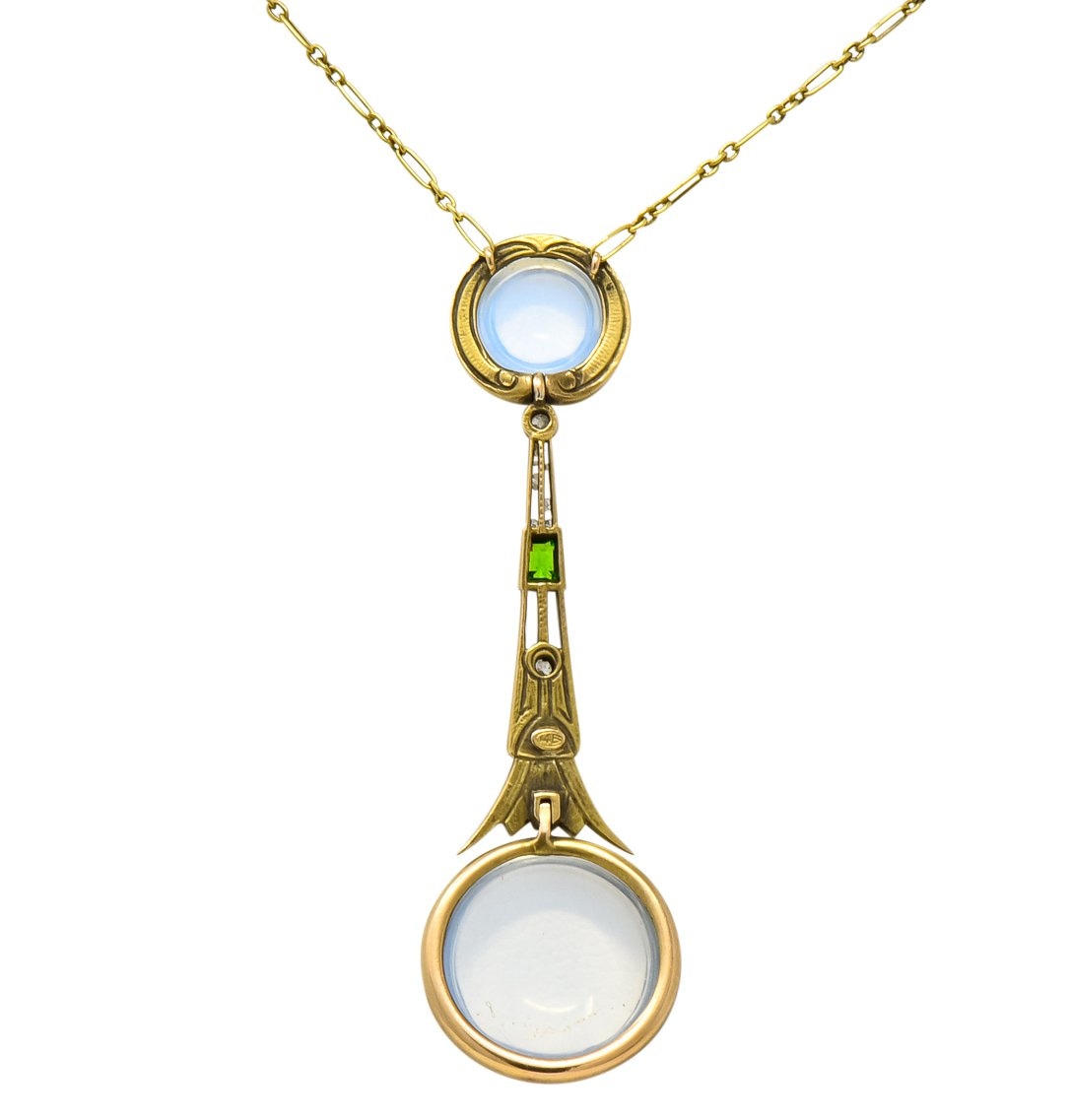 Brassler & Co. Art Nouveau Moonstone Demantoid Garnet Diamond 14 Karat Gold Drop Necklace - Wilson's Estate Jewelry