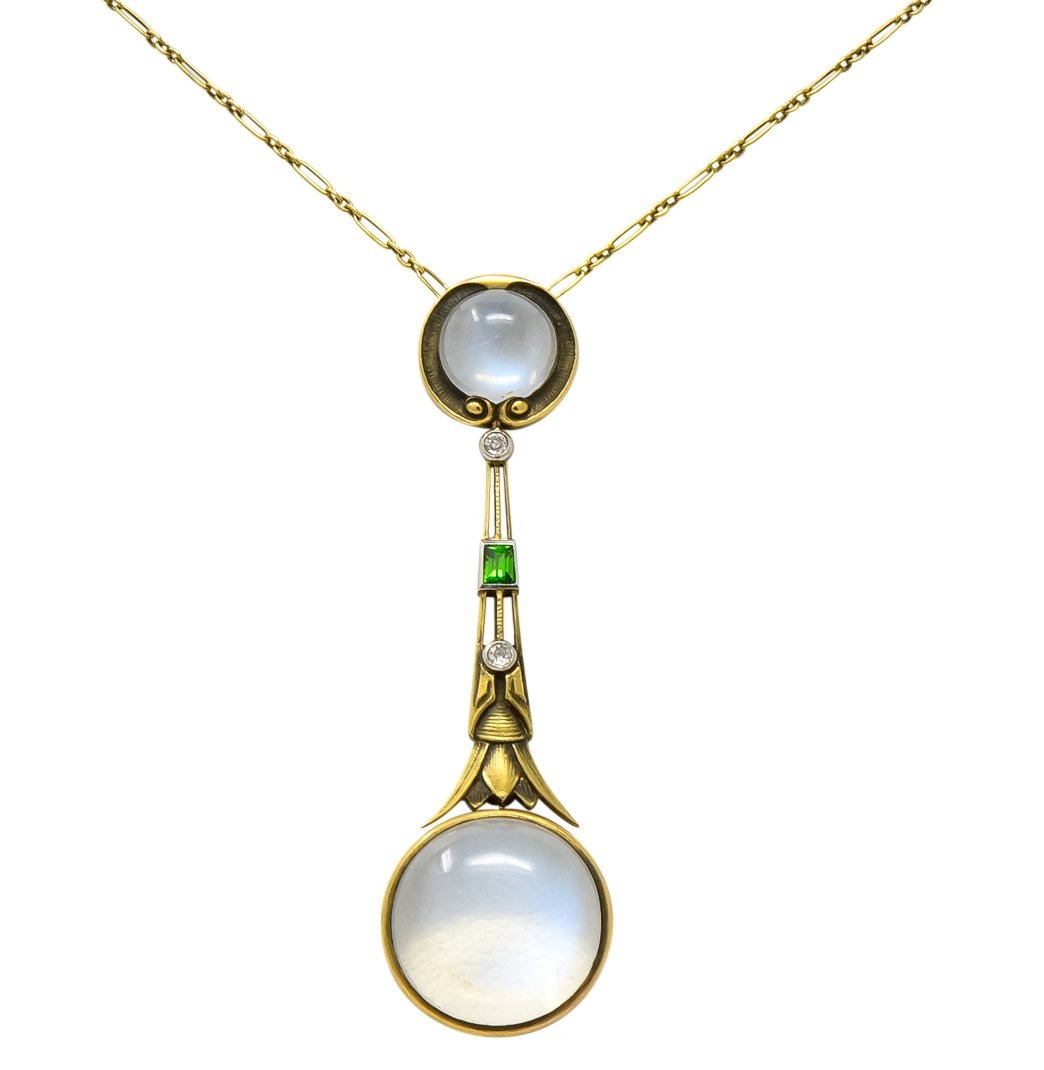 Brassler & Co. Art Nouveau Moonstone Demantoid Garnet Diamond 14 Karat Gold Drop Necklace - Wilson's Estate Jewelry