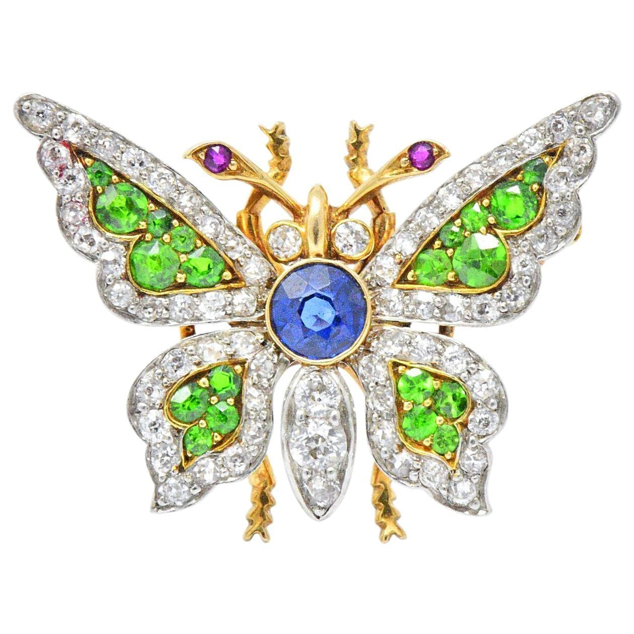 Breathtaking Belle Epoque Sapphire, Demantoid, Ruby, Diamond & Platinum-Topped 18K Gold Butterfly Brooch Wilson's Estate Jewelry